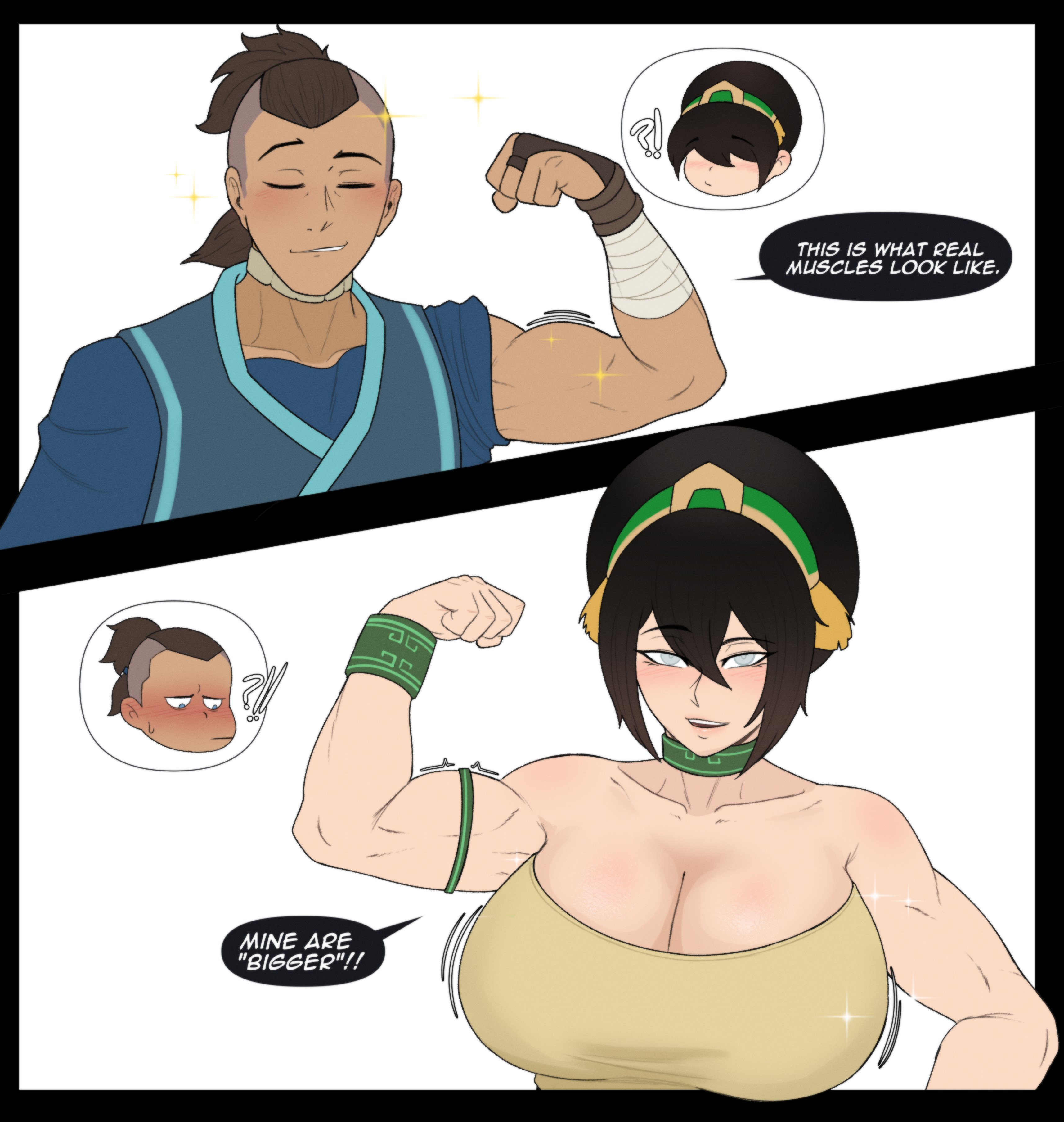 1boy, 1girls, avatar legends, avatar the last airbender, bare shoulders, big breasts, black hair, blind, blind eye, boobs, breasts, brown body, brown hair, brown skin, clavicle, clothing, escriba, eyelashes, grey eyes, huge boobs, huge breasts, muscular, muscular female, simple background, sokka, text, the legend of aang, toph bei fong, white skin