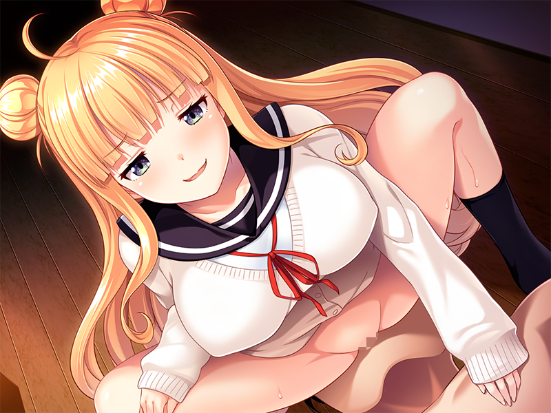 ahoge bangs blonde_hair blue_eyes blush bottomless breasts censored cowgirl_position cunnilingus double_bun erect_nipples female floor game_cg groin highres indoors large_breasts legs long_hair mosaic_censoring no_panties open_mouth oral ore_no_imouto_wa_kyou_kara_do-s~o,_onii-chan_nanka,_atashi_no_pet_ni_shiteyarundakara pussy school_uniform sitting sitting_on_face sitting_on_person smile solo_focus thighs urute