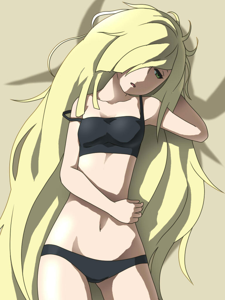 1girls, aether foundation, armpits, bare shoulders, belly, bikini, black bikini, blonde hair, breasts, cleavage, female, female only, green eyes, hair over one eye, human, long hair, looking away, lusamine (pokemon), midriff, milf, mother, navel, nintendo, pokemon, pokemon sm, solo, very long hair