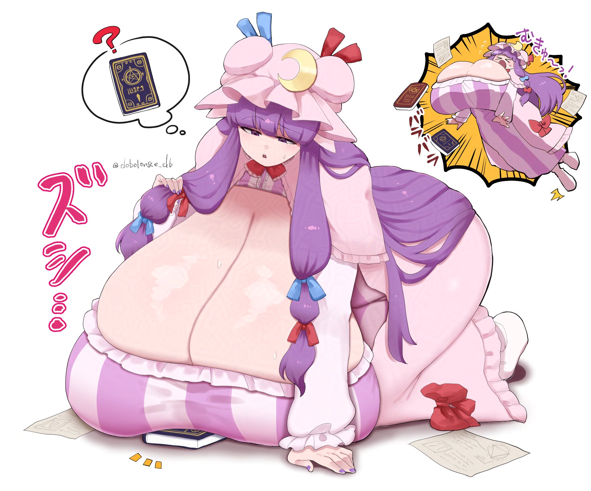 1girls, blush, breasts bigger than head, breasts bigger than torso, bursting breasts, dobolonge db, dobonge, enormous breasts, fat breasts, female, gigantic breasts, huge ass, hyper, hyper ass, hyper breasts, hyper genitalia, long hair, no bra, patchouli knowledge, solo female, tagme, touhou, touhou project, wide hips