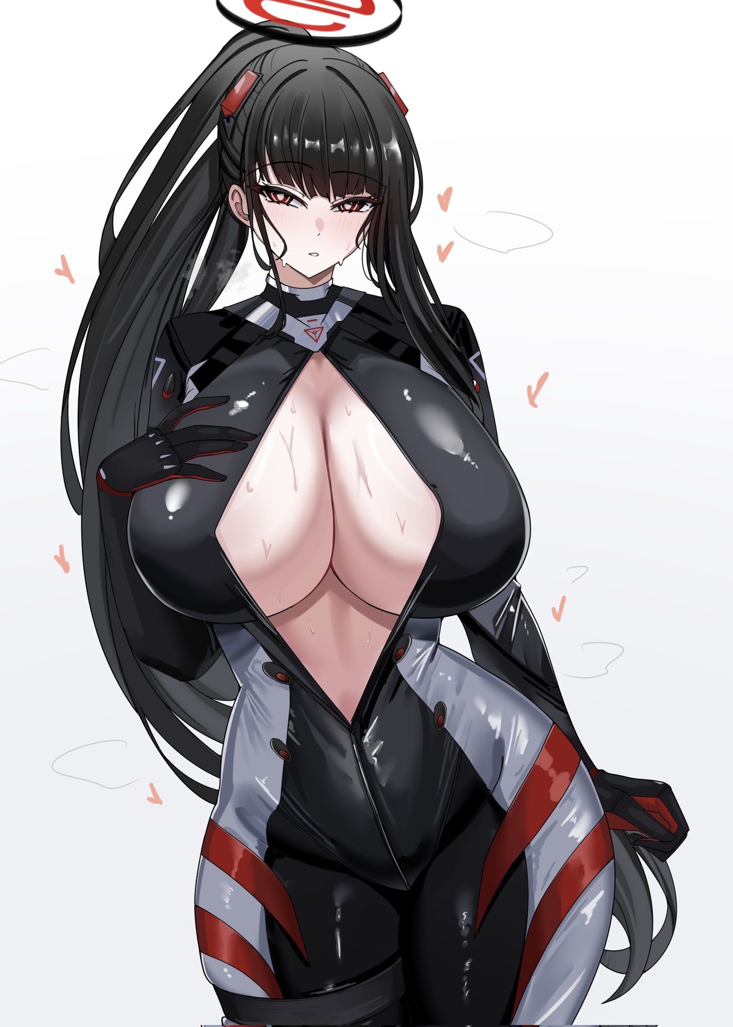 absurdres, black bodysuit, black hair, blue archive, blush, bodysuit, breasts, cleavage, commentary, female, halo, hand on own chest, highres, huge breasts, lengkuass, long hair, looking at viewer, parted lips, ponytail, red eyes, red halo, rio (armed) (blue archive), rio (blue archive), solo, sweat, symbol-only commentary, very long hair