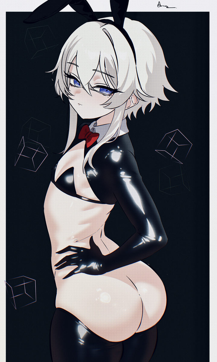 bunny ears, bunnysuit, femboy, original, smirk, tagme (artist), white hair