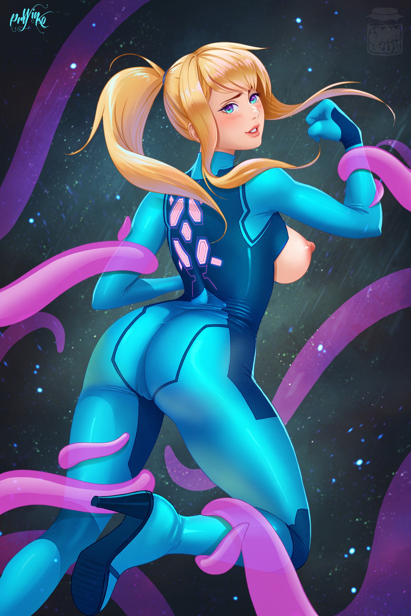 backboob, blonde hair, blue eyes, blush, bodysuit, bondage, breasts, clothing, exposed breasts, female, imminent tentacle sex, large breasts, long hair, metroid, nintendo, prywinko, restrained, samus aran, tentacle, tight clothing, torn clothes, zero suit samus