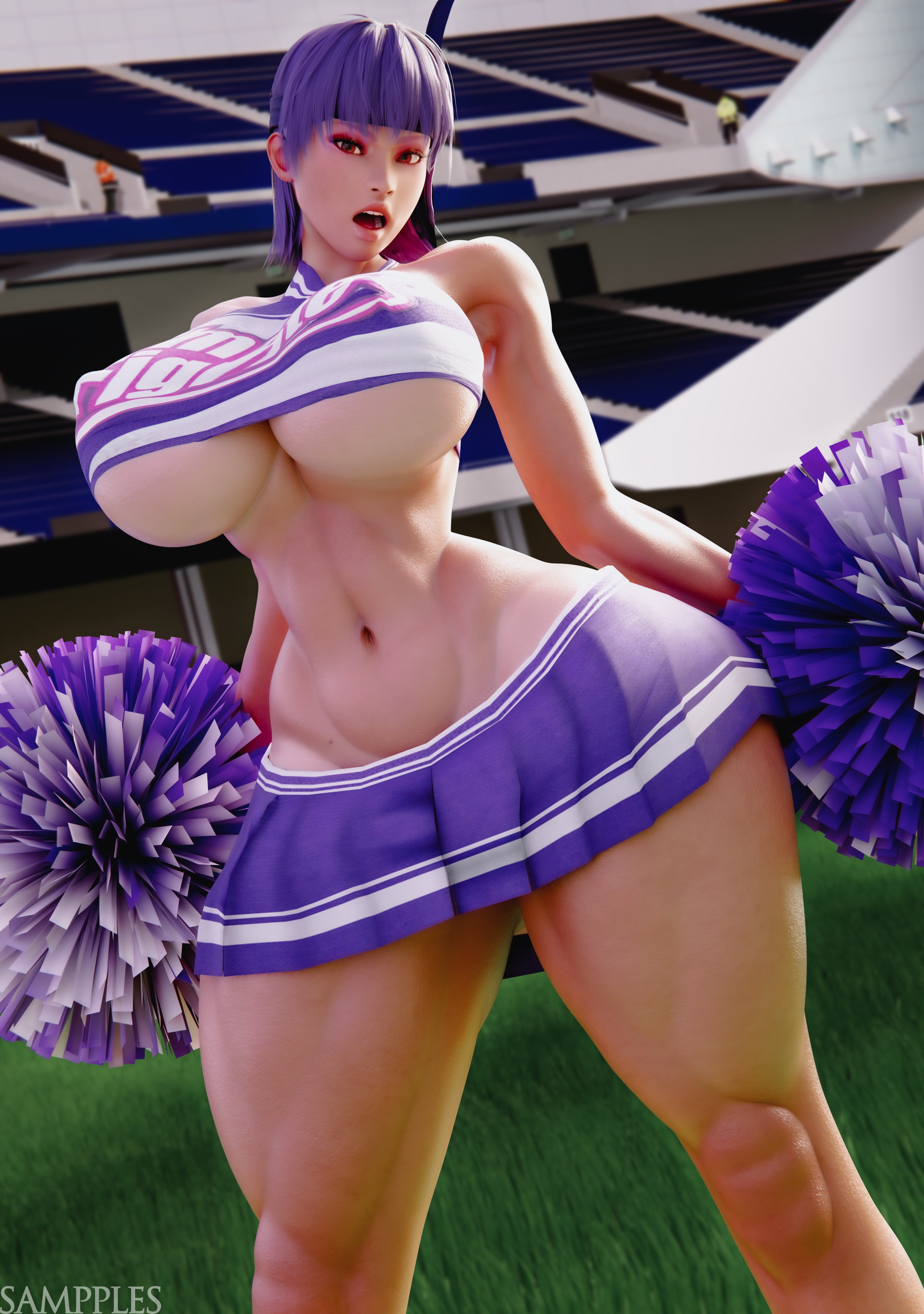 1girls, 3d, ass, ayane (doa), big ass, big breasts, breasts, cheerleader, cleavage, dead or alive, female, female only, full body, huge ass, huge breasts, large ass, large breasts, light skin, light-skinned female, miniskirt, pale skin, pale-skinned female, purple hair, sampples, skirt, solo, solo female, thick thighs