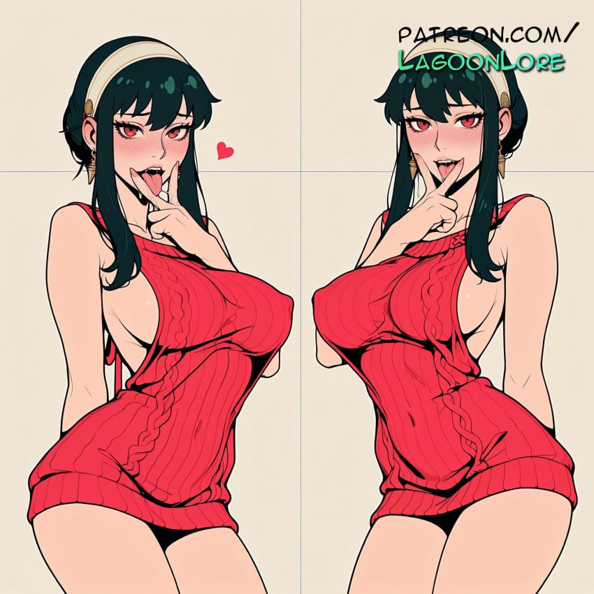 2girls, ai generated, aran sweater, artist name, backless dress, backless outfit, bare back, bare shoulders, big breasts, big chest, black hair, blush, breasts, bust, busty, chest, dress, earrings, female, finger to mouth, green hair, hairband, heart, heart-shaped pupils, hi res, highres, hoop earrings, jewelry, lagoonlore, large breasts, licking finger, long hair, looking at viewer, meme attire, multiple girls, naked sweater, open mouth, patreon, patreon username, red eyes, ribbed dress, ribbed sweater, sideboob, smile, spy x family, sweater, sweater dress, symbol-shaped pupils, turtleneck, turtleneck sweater, v, virgin killer sweater, watermark, yor briar, yor forger