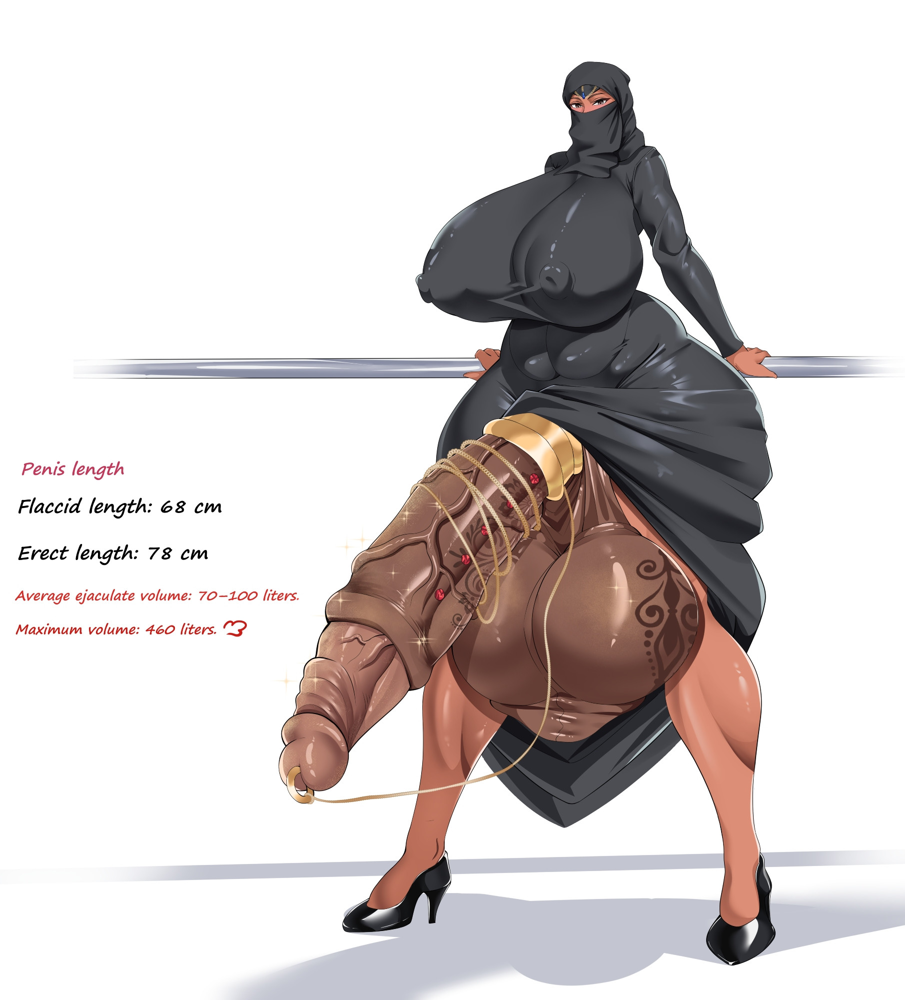 1futa, balls bigger than head, balls bigger than torso, breasts bigger than head, futanari, heels, hijab, huge ass, huge cock, hyper, hyper balls, hyper breasts, hyper legs, hyper penis, looking at viewer, massive penis, niqab, penis accessory, penis bigger than body, penis longer than knee, solo futa, tagme, the next3650, urethral, urethral beads, urethral insertion