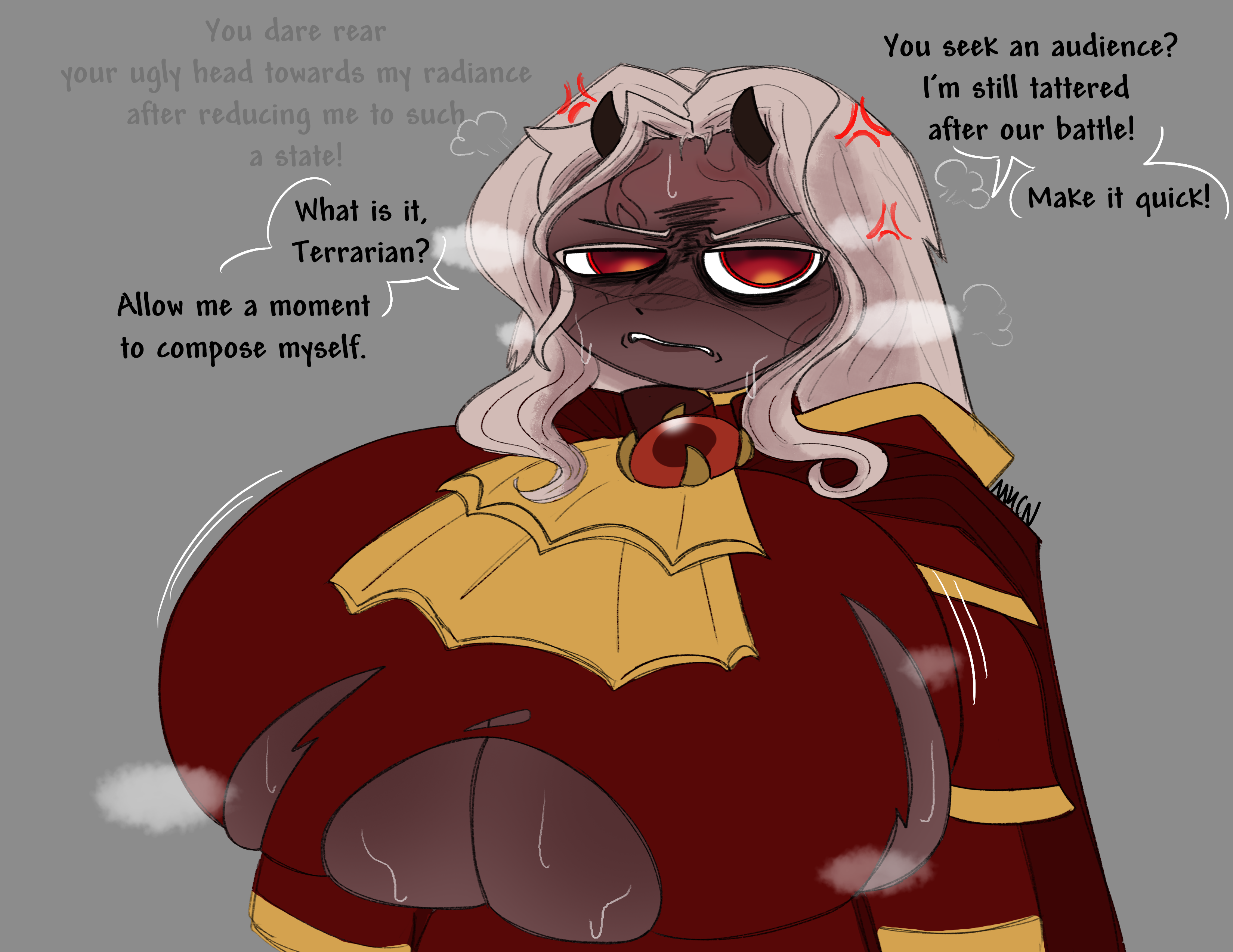 anger vein, angry expression, angry face, calamitas, calamity mod, clothed, female, female only, horns, huge breasts, long hair, mechacarnis, red eyes, red robe, ripped clothing, sweatdrop, sweating, terraria, white hair