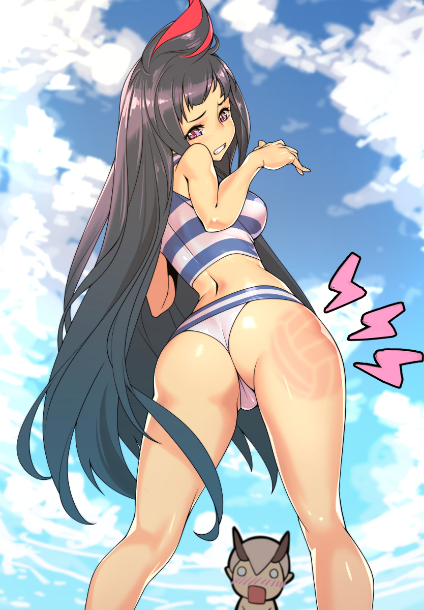 ass, black hair, blush, breasts, female, female focus, grimace, highlights, highres, legs, long hair, looking back, outdoors, panties, purple eyes, sky, striped panties, stripes, tagme, thighs, tomoyuki kotani, volleyball