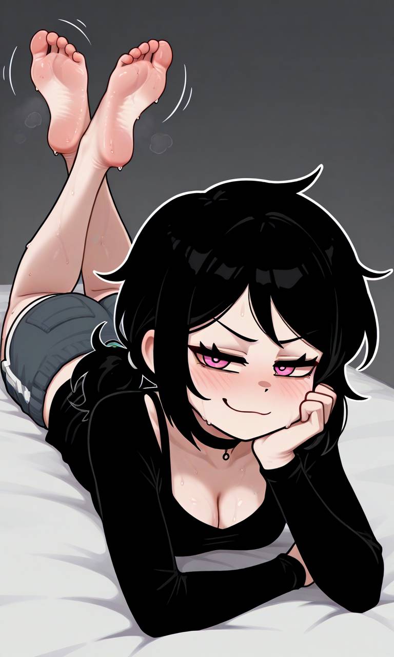 1girls, ai generated, ashley graves, ass, ass focus, ass up, back, back view, bed, big ass, black choker, black hair, blush, choker, feet, female, female focus, female only, foot fetish, footwear, imminent anal, imminent fellatio, imminent oral, imminent orgasm, imminent penetration, imminent rape, imminent sex, imminent vaginal, looking at viewer, lying, lying on bed, necklace, no source, purple eyes, room, sitting, sitting on bed, smile, smiling, smiling at viewer, sweat, sweating, the coffin of andy and leyley