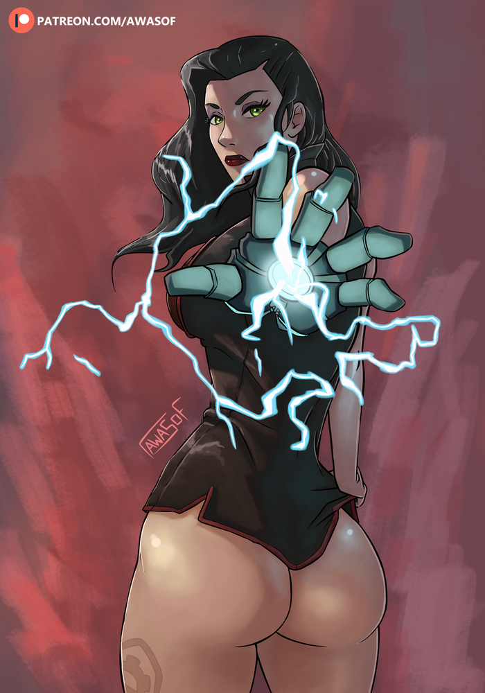 art with a side of fries, asami sato, ass, avatar the last airbender, awasof, black hair, breasts, brown hair, bubble ass, bubble butt, clothing, electricity, female, glove, lightning, medium breasts, nickelodeon, the legend of korra