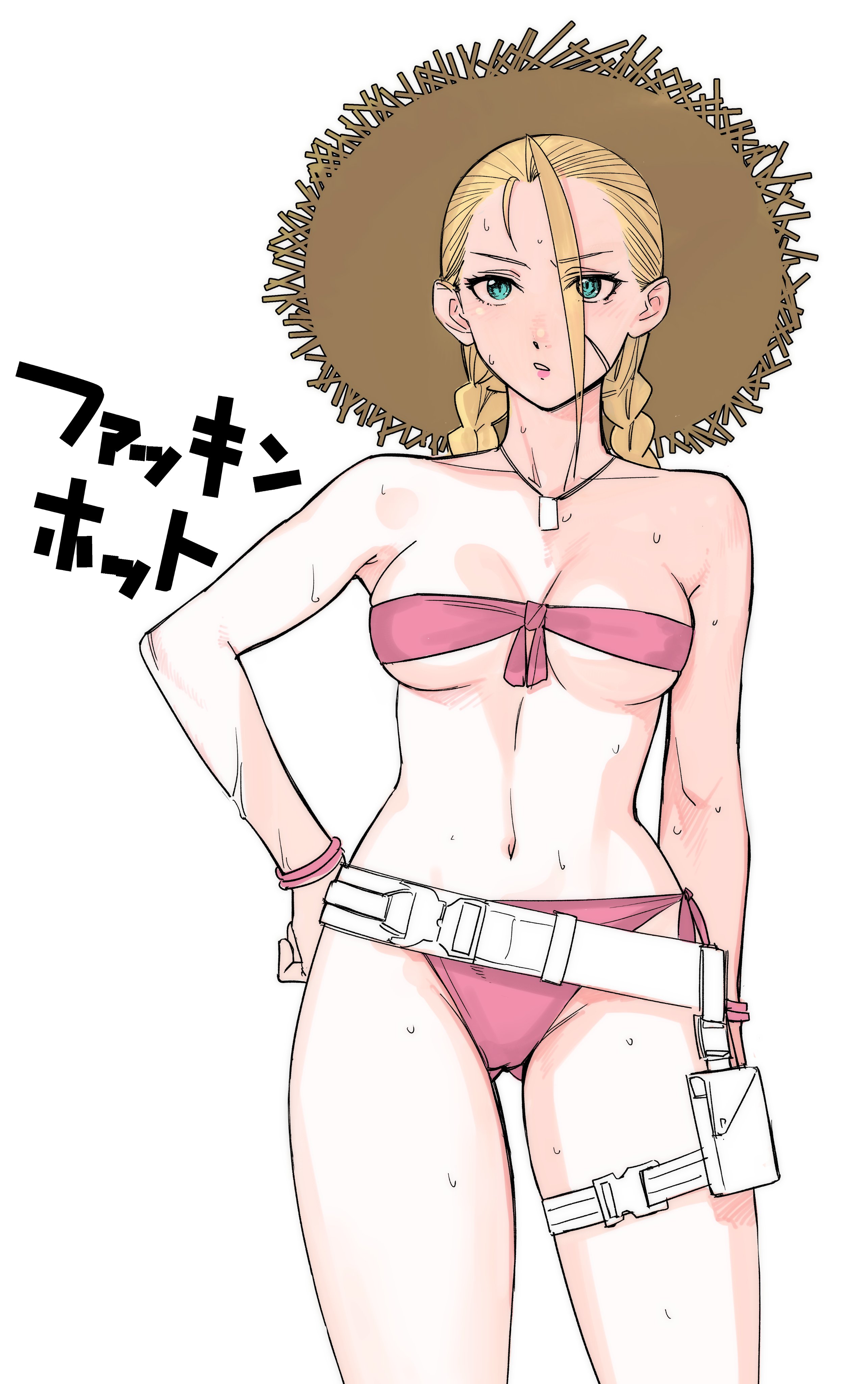 :o, 1girls, bare arms, bare legs, bare shoulders, bare thighs, belly button, belt, belt buckle, belt straps, bikini, blonde female, blonde hair, blue eyes, braid, braided hair, braided ponytail, braided twintails, braids, cammy white, cleavage, cowboy shot, female, female focus, female only, front view, front-tie bikini, front-tie bikini top, front-tie top, hand on hip, hat, human, japanese text, light skin, light-skinned female, looking at viewer, navel, necklace, official alternate costume, pale skin, pale-skinned female, pink, pink bikini, pink wristband, scar, scar on face, side-tie bikini, side-tie bikini bottom, simple background, slim waist, small bikini, small breasts, solo, solo female, solo focus, standing, straw hat, street fighter, street fighter 6, street fighter v, sweat, sweatdrop, sweating, swimsuit, tetsuharu0402, thin waist, toned, toned female, twintails, white background, white skin, white skinned female