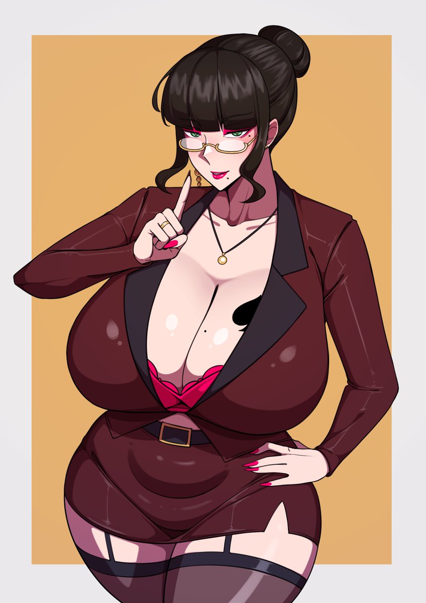1girls, asian, asian female, beauty mark, big breasts, bra, brown hair, commission, earring, glasses, green eyes, huge breasts, lipstick, married female, midnightundying (artist), nails painted, not cheating, oc, original character, queen of spades, queen of spades tattoo, suhai riepuh (midnightundying), thick thighs, wedding ring, yonda545