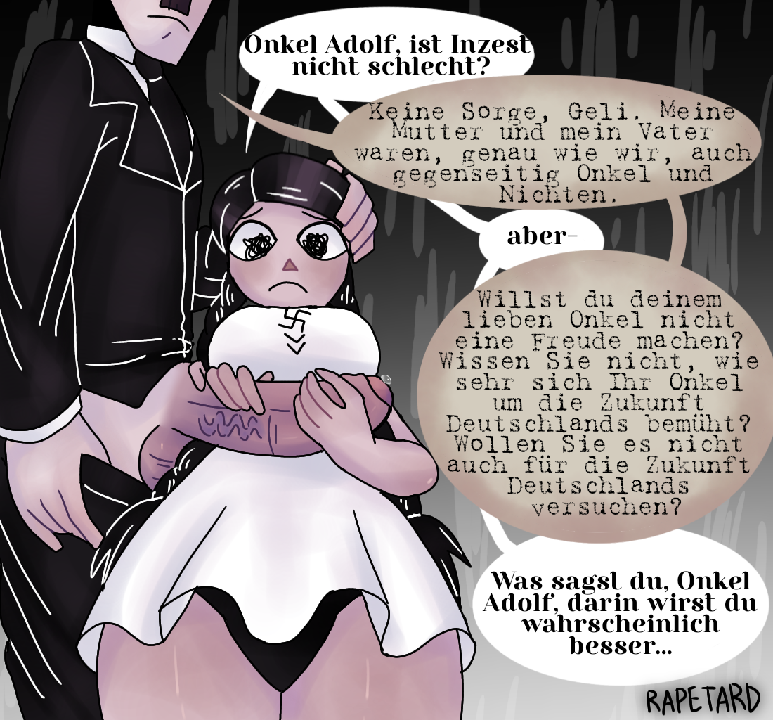 1boy, 1boys, 1girls, 20th century, adolf hitler, aryan, aryan male, austrian, austrian female, balls, big cock, big dick, big penis, bigger dom, bigger dom smaller sub, bigger male, black eyes, black hair, black panties, black underwear, braided pigtails, braided twintails, braids, brown hair, closed mouth, cock, confused, confused expression, confused face, confused look, dark brown hair, dark hair, dialog, dialogue, dialogue bubble, dialogue bubbles, dick, dominant, dominant male, domination, dress, english text, european, european female, european male, eyes, eyes open, female, femsub, geli raubal, german text, hand on hair, hand on head, hand on pants, hands on cock, hands on dick, hands on penis, heterosexual, heterosexual female, heterosexual male, history, incest, incestuous, long hair, looking at penis, looking down, male, maledom, maledom/femsub, moustache, mouth, mouth closed, nazi, nazi uniform, niece, no visible nipples, older, older dom younger sub, older male, older male and younger female, open eyes, panties, penis, politician, questionable consent, rape, raped female, raped girl, rapetard, real person, s0d0my s1n, scared, scared expression, scared face, scared female, short dress, small boobs, small breasts, smaller female, smaller sub, smaller sub bigger dom, smaller submissive, straight, submissive, submissive female, swastika, text, text bubble, twintails, uncle, uncle and niece, underwear, white dress, young, younger female, younger sub