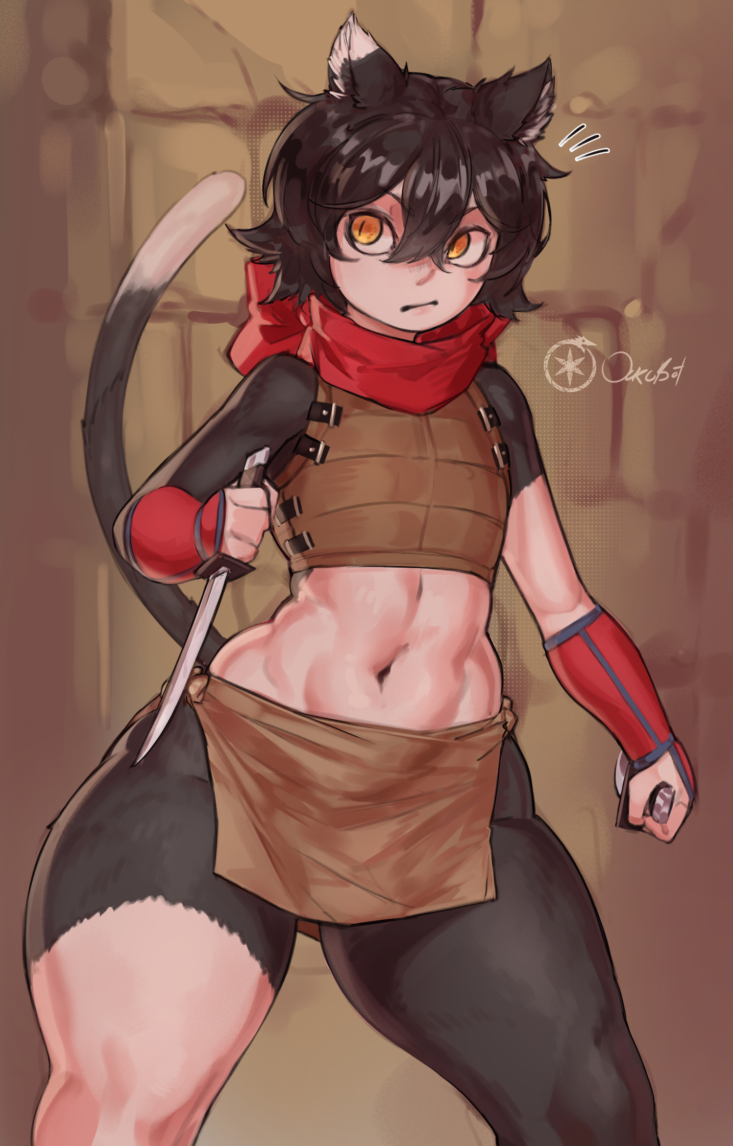 black hair, cat ears, cat eyes, cat girl, cat tail, catgirl, dungeon meshi, huge ass, izutsumi, orange eyes, ourobot, standing