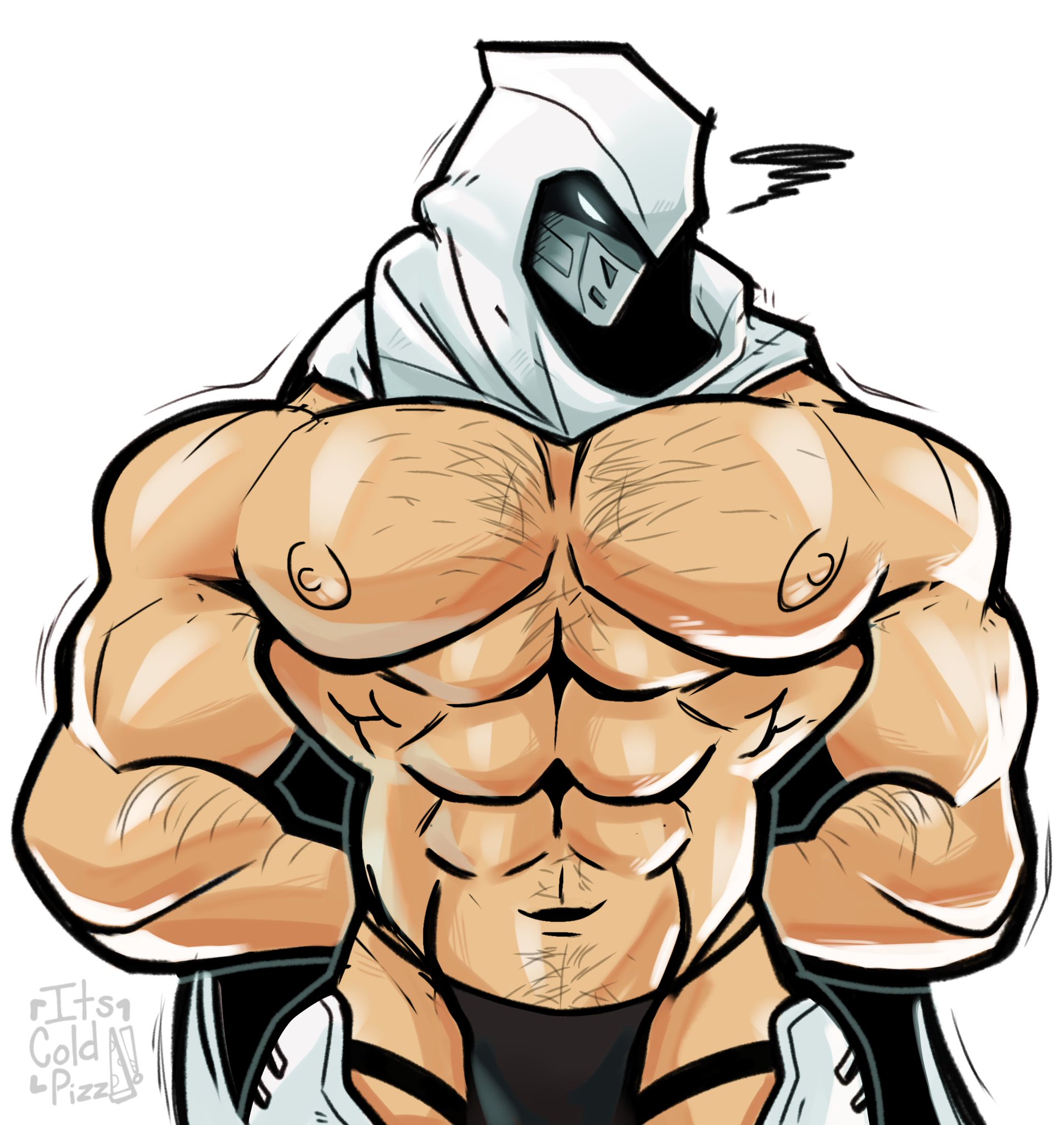 1boy, abs, bara, big pecs, chest hair, gay, its coldpizzart, male, male only, marvel, marvel rivals, mask, masked, masked male, moon knight, moon knight (marvel rivals), muscular, muscular male, nipples, partially clothed, pecs, pectorals, pubes, pubic hair, solo