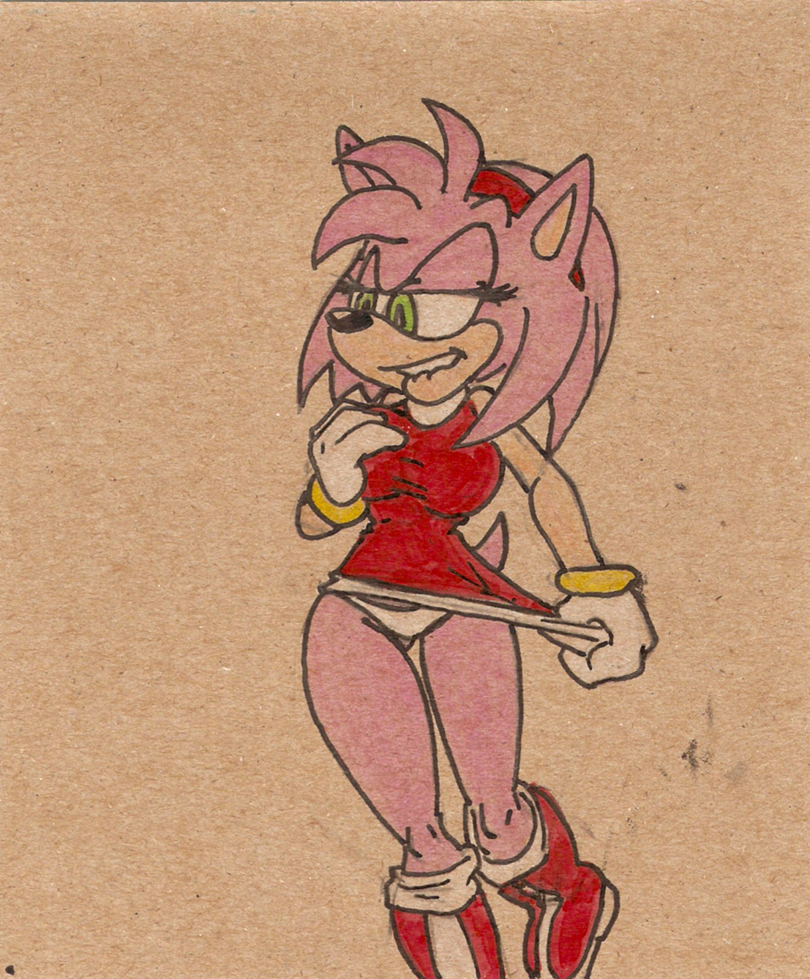 2015 alhedgehog amy_rose anthro biting_lip boots breast_grab cardboard color female female_only furry furry_only gloves hedgehog panties pink_fur sega short_hair simple_background solo sonic_(series) standing traditional_media undressing upskirt white_background