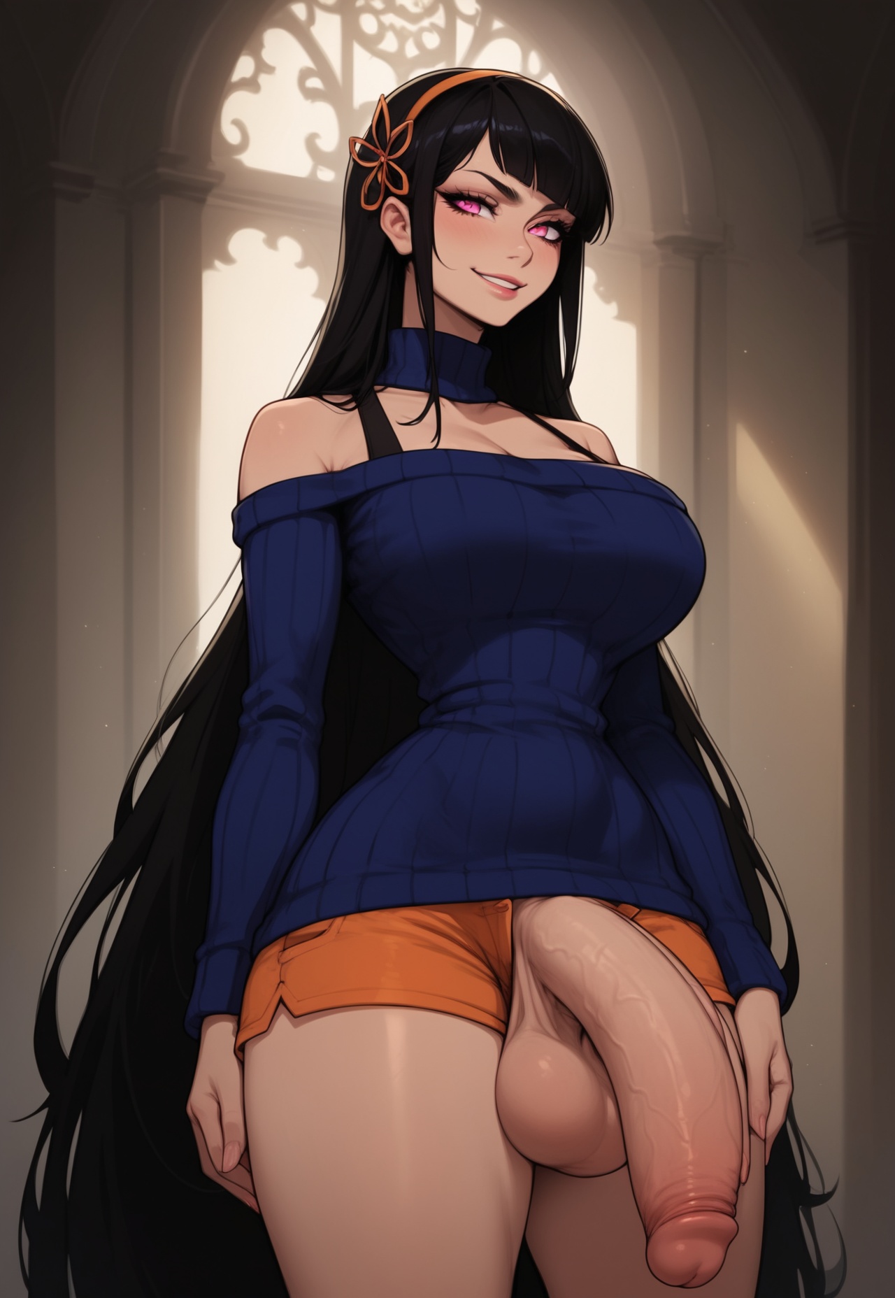 1futa, 1futanari, ai generated, ass, big ass, big breasts, big butt, big hips, big penis, black hair, blue sweater, breasts, cleavage, clothed, clothing, dick, dickgirl, eyebrows, eyelashes, futa only, futanari, grin, grinning, grinning at viewer, hair, hair band, hands-free, huge cock, indoors, lips, long hair, looking at viewer, makeup, narrow waist, narrowed eyes, nose, orange shorts, penis, pink eyes, seducing, seductive, seductive eyes, seductive gaze, seductive look, seductive mouth, seductive pose, seductive smile, shirt, smile, smile at viewer, smiley face, smooth balls, smooth penis, smooth skin, solo, solo dickgirl, solo focus, solo futa, solo futanari, sweat, testicles, tower of god, velonix, yeon yihwa