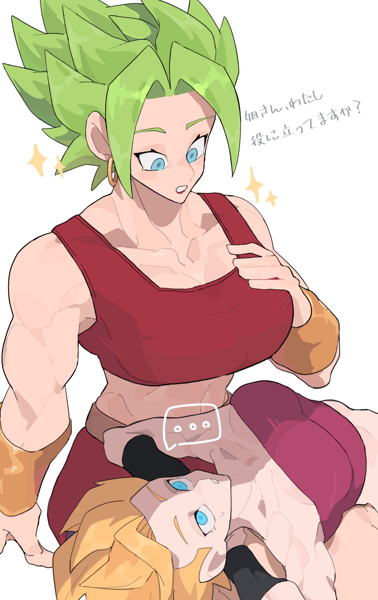 abs, athletic, athletic female, big breasts, blush, breasts, caulifla, cleavage, dragon ball, dragon ball super, female, female focus, female only, fushiro db, kale, larger female, muscular, muscular female, saiyan, saiyan female, shorter female, smaller female, taller female, yuri