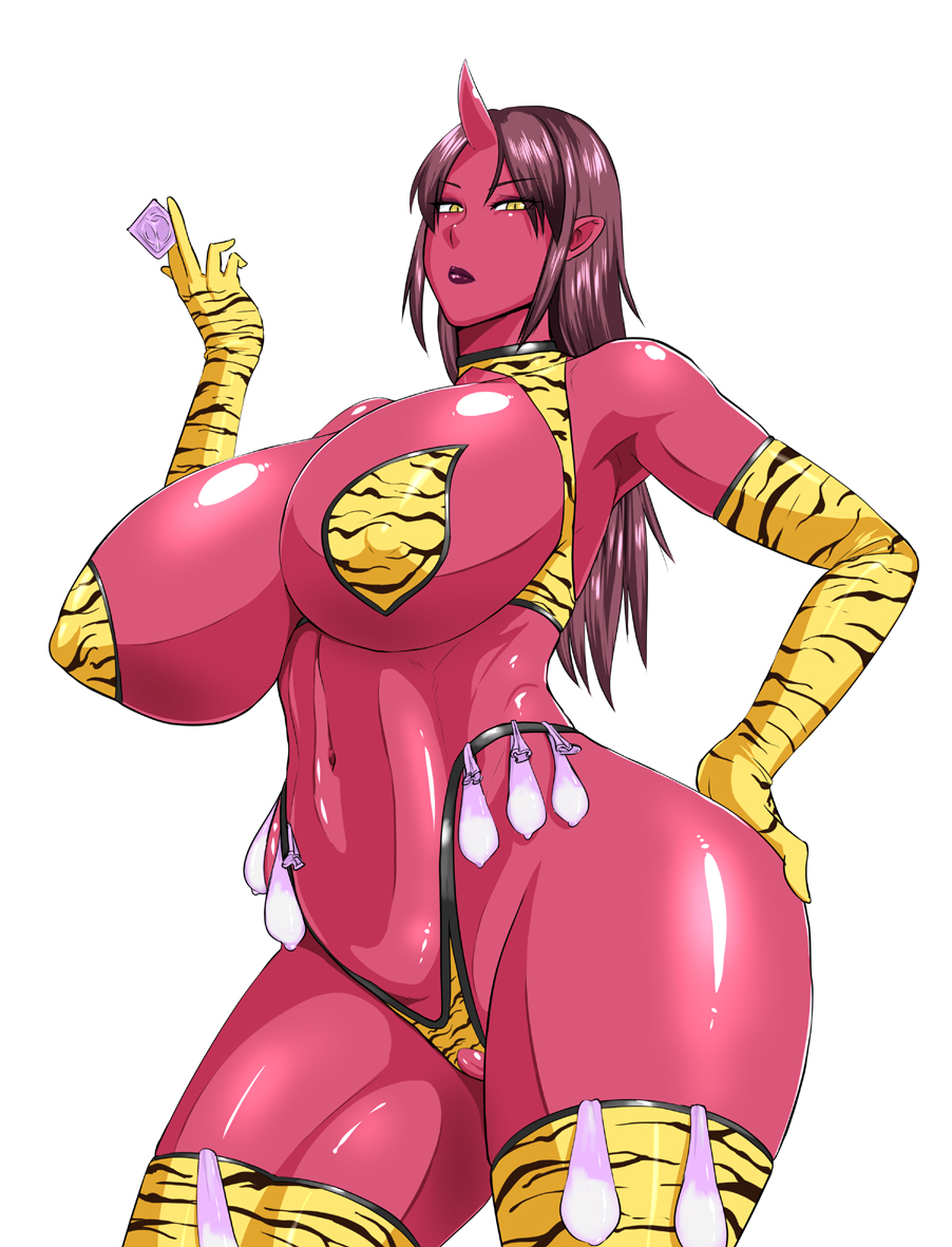 1girls animal_print breasts brown_hair condom condom_skirt cum demon demon_girl female hand_on_hip holding_condom horn huge_breasts ml oni red_skin solo tiger_print used_condom yellow_eyes