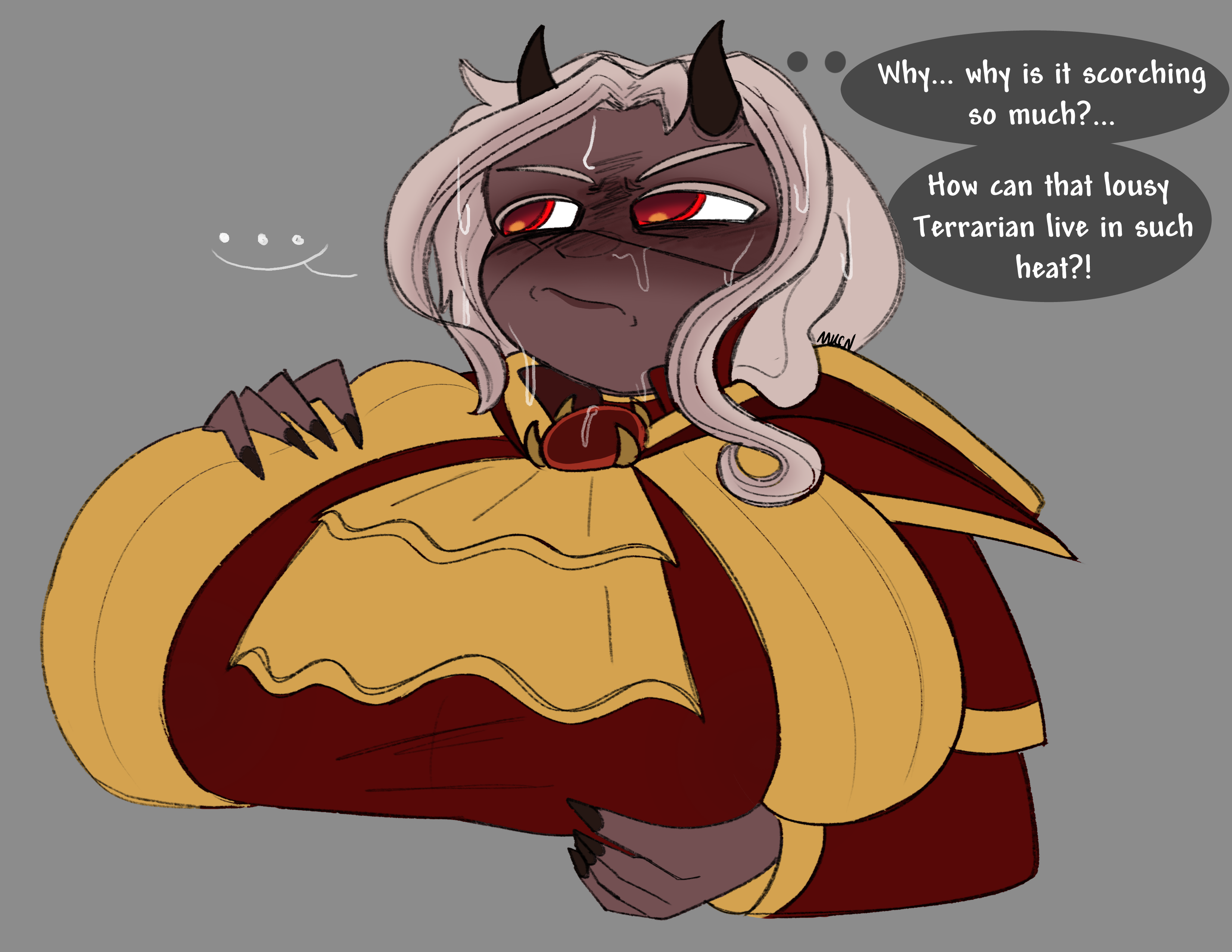 angry expression, angry face, calamitas, calamity mod, clothed, female, female only, horns, huge breasts, long hair, mechacarnis, red eyes, red robe, sweatdrop, sweating, terraria, white hair