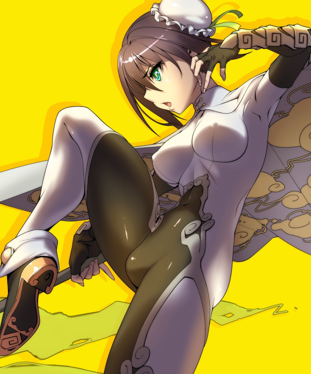 1girls, bodysuit, breasts, brown hair, bun cover, cape, erect nipples, fate (series), fate/grand order, female, female only, fully clothed, green eyes, hair, hair bun, highres, impossible clothes, medium breasts, mound of venus, nipple bulge, nipples, one leg up, qin liangyu (fate), short hair, simple background, skin tight, solo, tight clothing, tomoyuki kotani, toned, yellow background
