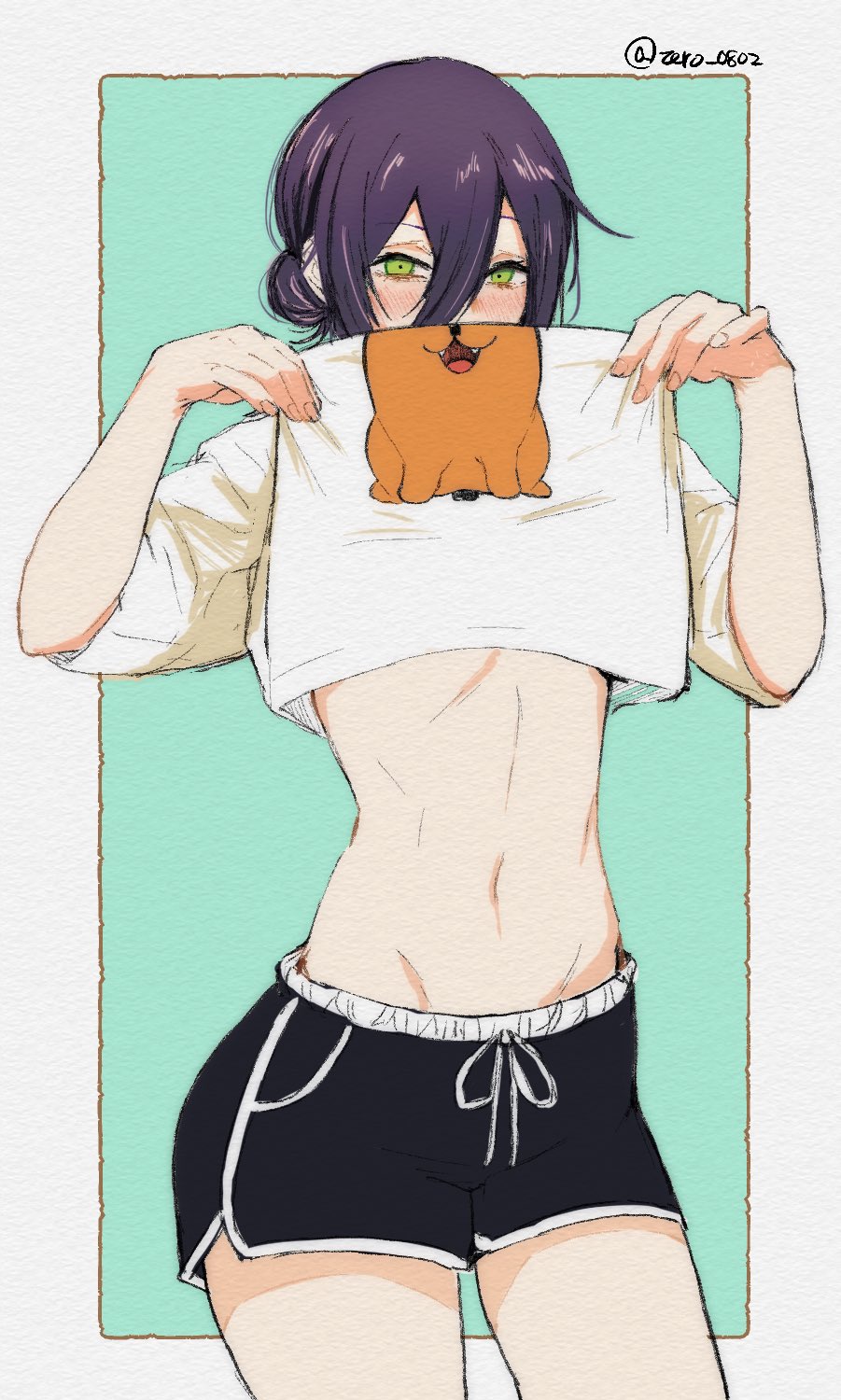1girls, arms up, blush, casual, chainsaw man, clothes lift, dolphin shorts, female, green eyes, hair bun, madaosw, midriff, pochita (chainsaw man), purple hair, reze (chainsaw man), shirt, shirt lift, short shorts, shorts, solo, stomach