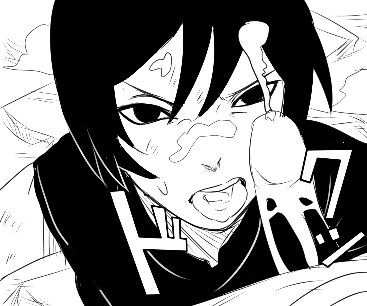 1boy, 1girls, boruto: naruto next generations, cum, fellatio, female, kurotsuchi, male, monochrome, naruto, naruto (series), oral, tongue, tongue out