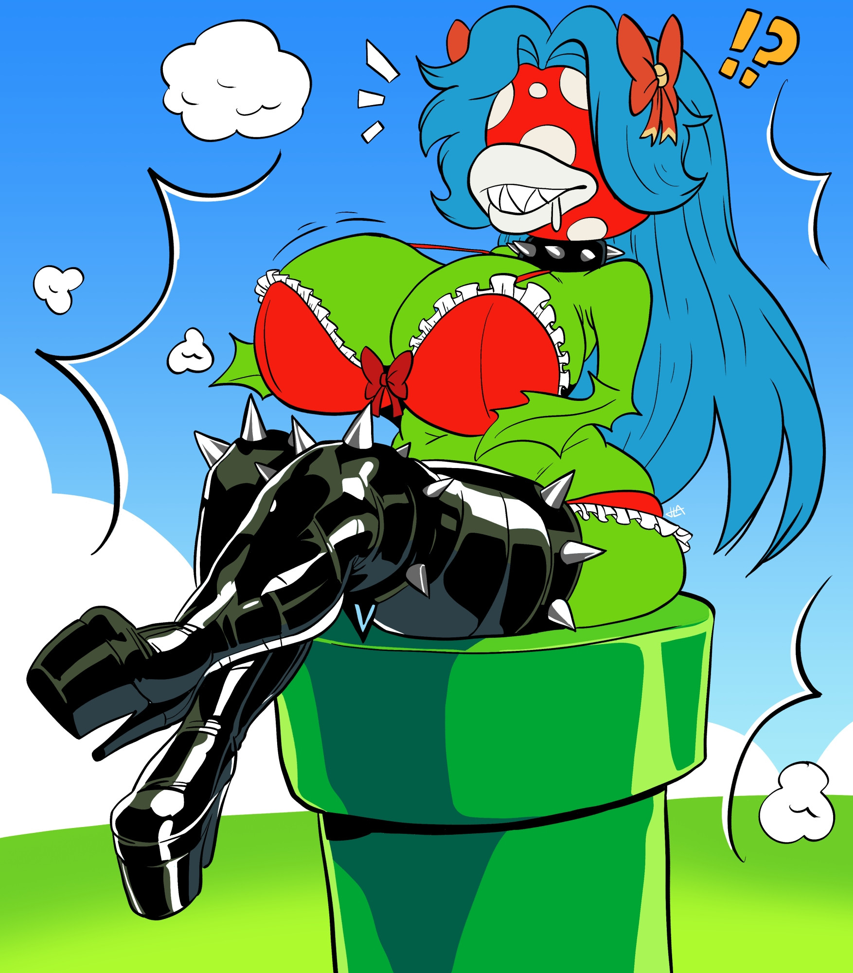 !?, big breasts, blue hair, breasts, cleavage, female, furry, harriet (harry amoros), harry amorós, huge breasts, mario (series), piranha plant, tagme, thick thighs, wide hips