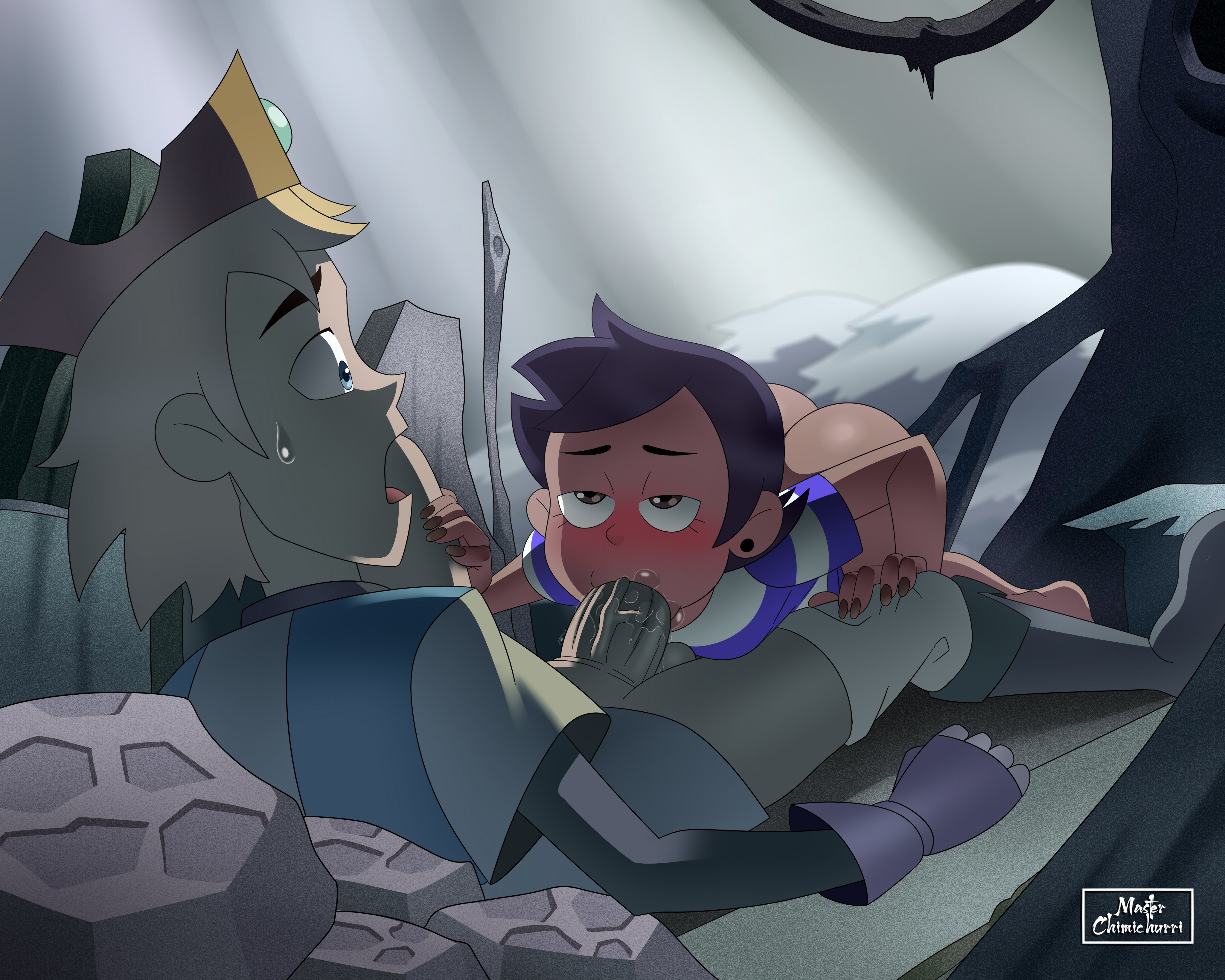 2d, 2d (artwork), 2d animation, cartoon, crown, dark skin, dark-skinned female, disney, fellati, light skin, light-skinned male, luz noceda, male, master chimichurri, no watermark, oral, penis, penis in mouth, penis out, sweat, sweatdrop, the owl house, the owl house pilot
