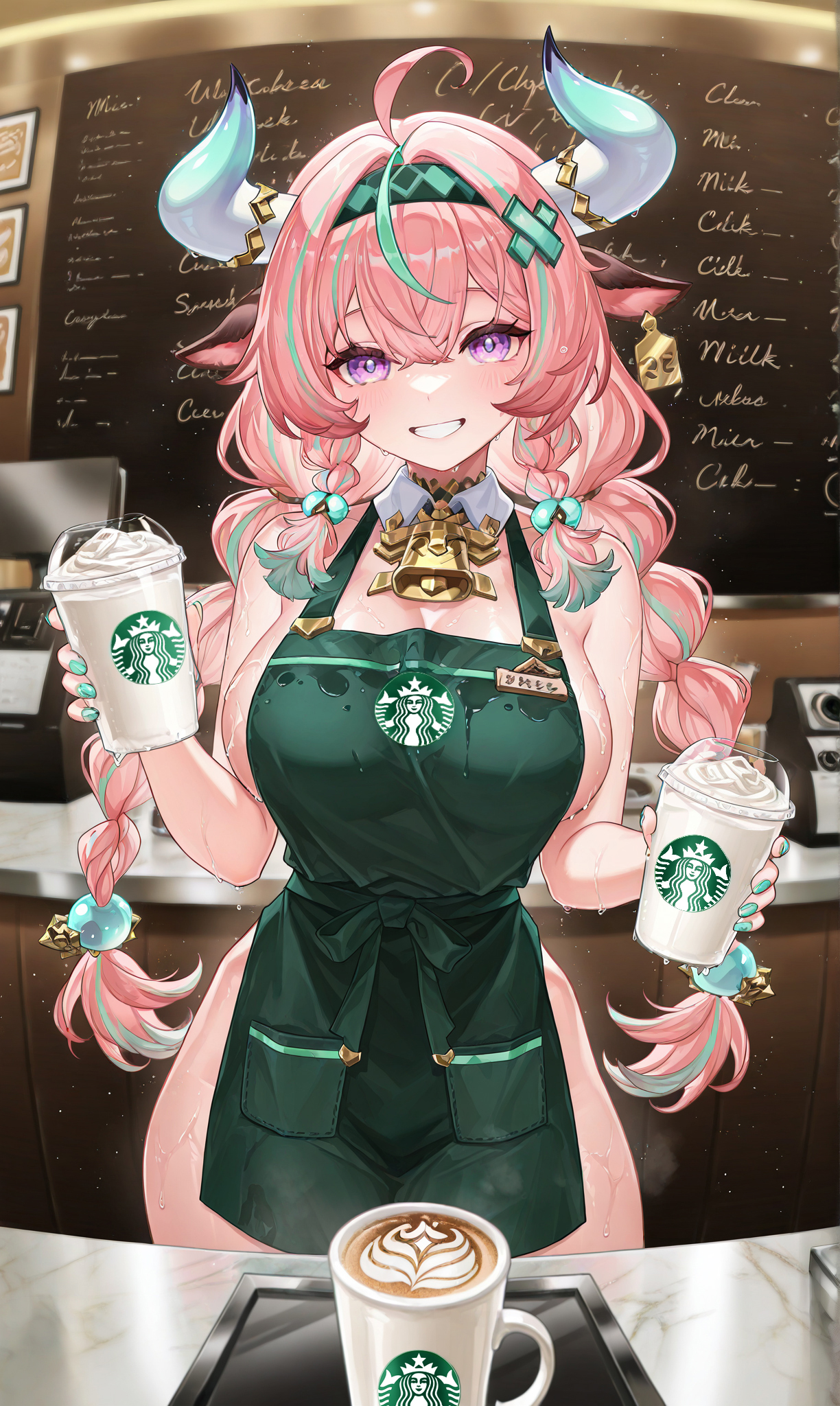 ai generated, artist request, breasts, cowgirl, female, female only, genshin impact, iced latte with breast milk, source request, starbucks, varesa (genshin impact)