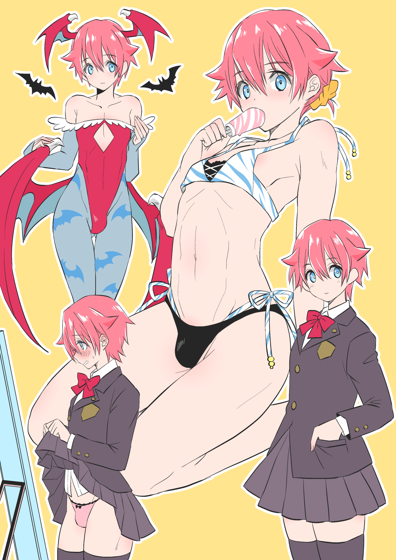 1boy, androgynous, balls, balls in panties, bat, bikini, blush, bulge, canon crossdressing, clothing, cosplay, crossdressing, darkstalkers, femboy, girly, hibiki yuuta, lilith aensland (cosplay), male, male only, nagano rira, panties, pantyhose, penis, penis in panties, school uniform, sissy, skirt, skirt lift, soft color, solo, ssss.gridman, stockings, thighhighs, trap, unlila, whale tail