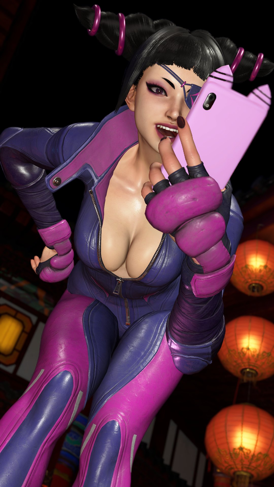 1girls asian asian_female big_breasts black_hair bodysuit breasts busty capcom cleavage clothed clothing eyepatch female fingerless_gloves gloves handwear holding_object holding_phone juri_han korean large_breasts leaning leaning_forward light-skinned_female light_skin looking_at_viewer nail_polish no_bra one_eye_covered one_eye_obstructed open-mouth_smile open_mouth open_smile phone purple_eyes purple_fingernails purple_nails sf_screenshot smile smiling_at_viewer solo solo_female standing street_fighter street_fighter_6 teeth