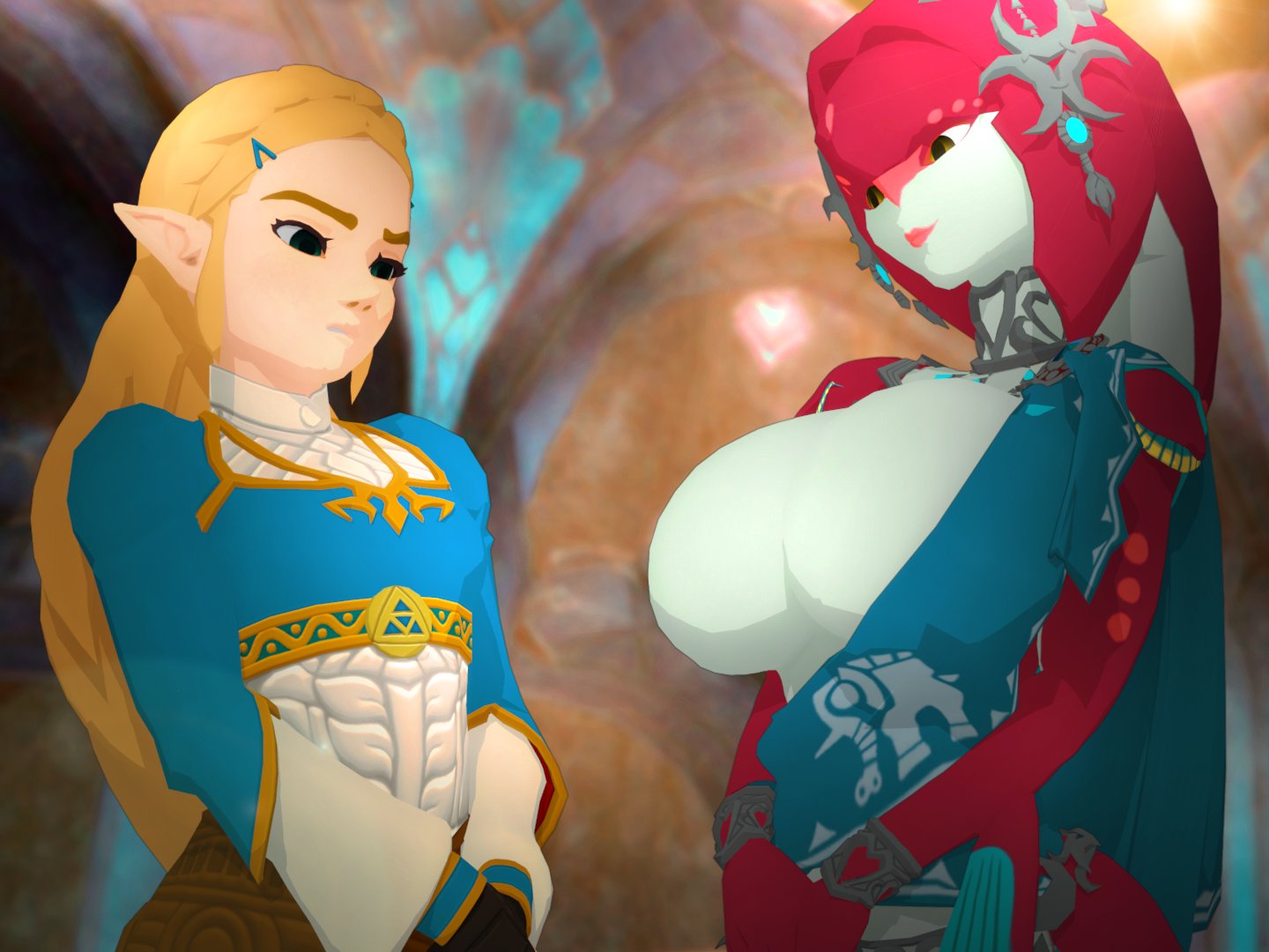 2girls anthro blonde_hair huge_breasts mipha nurico princess_zelda tagme the_legend_of_zelda