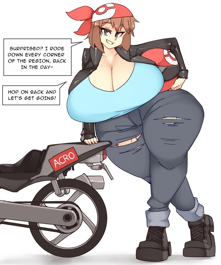 biker_clothes huge_breasts large_ass leaning_on_object may_(pokemon) milf motorcycle pokemon ripped_clothing rtil tagme wide_hips