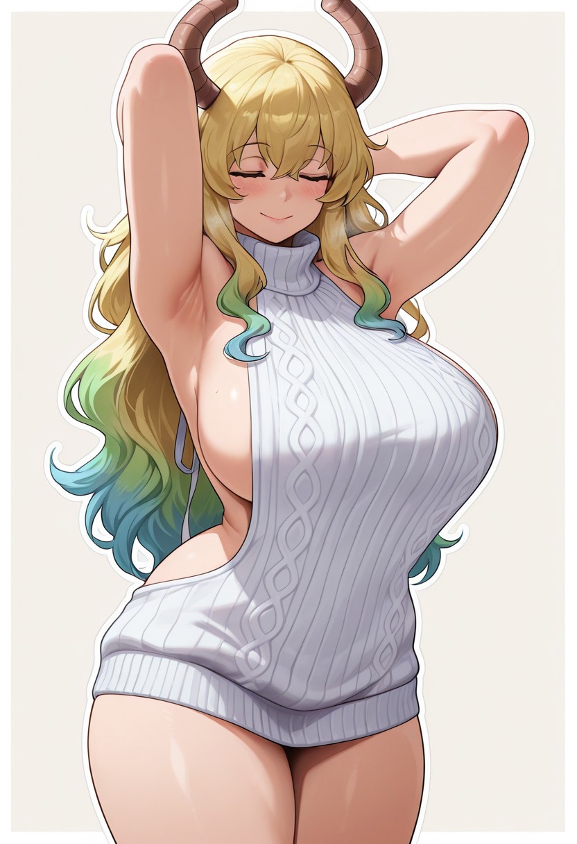 2025 2d 2d_(artwork) big_ass big_breasts horns large_breasts lucoa multicolored_hair quetzalcoatl_(dragon_maid) sfc virgin_killer_sweater wide_hips