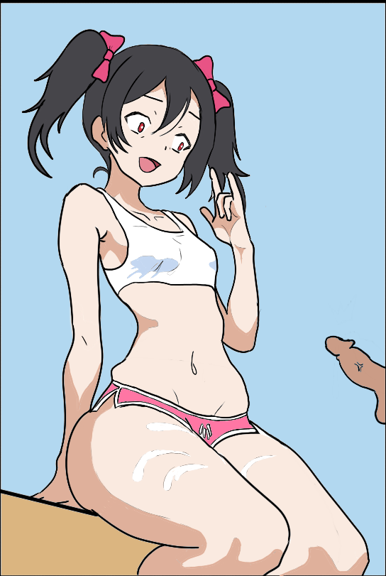 breasts, cheerojiro, cum, cum on thighs, female, love live!, love live! school idol project, male, penis, shocked, small breasts, small penis, thick thighs, triple-q, yazawa nico