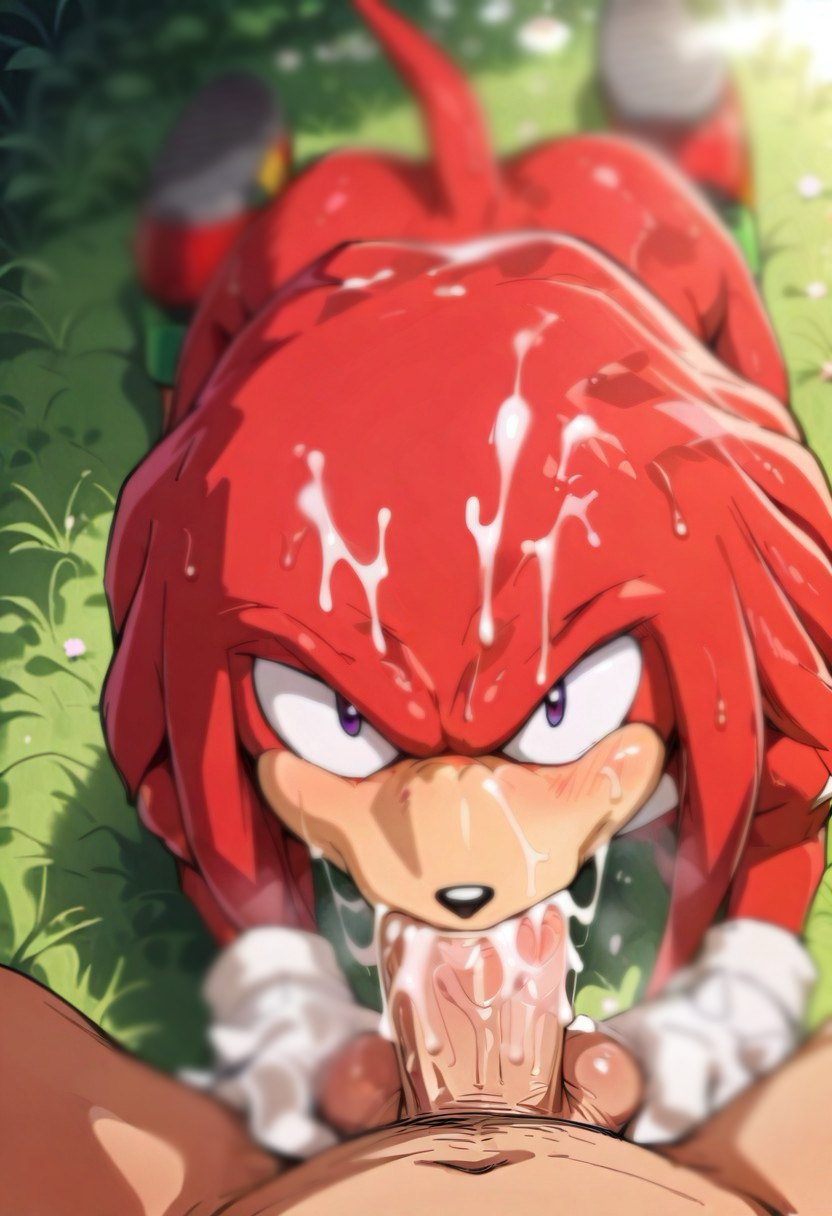 2boys ai_generated blowjob cum cum_in_mouth cum_on_face cum_on_head field furry gay human_on_anthro knuckles_the_echidna looking_at_viewer musk sonic_(series) sonic_the_hedgehog_(series)