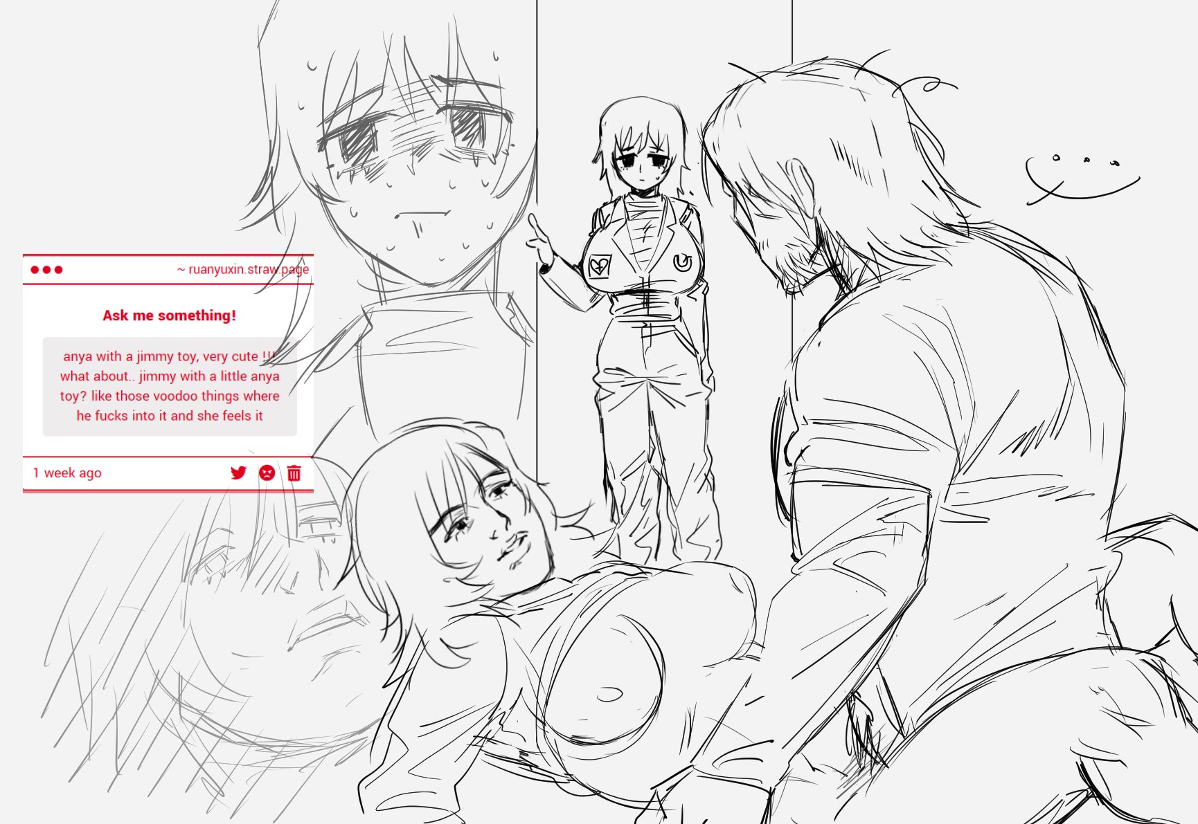 1boy, 1girls, anya (mouthwashing), artist name, breasts, doll, embarrassed, female, hapiniudia, huge breasts, jimmy (mouthwashing), male, meorichitmech, mouthwashing, mouthwashing (game), muscular, muscular male, sex doll, sex toy penetration, twitter username