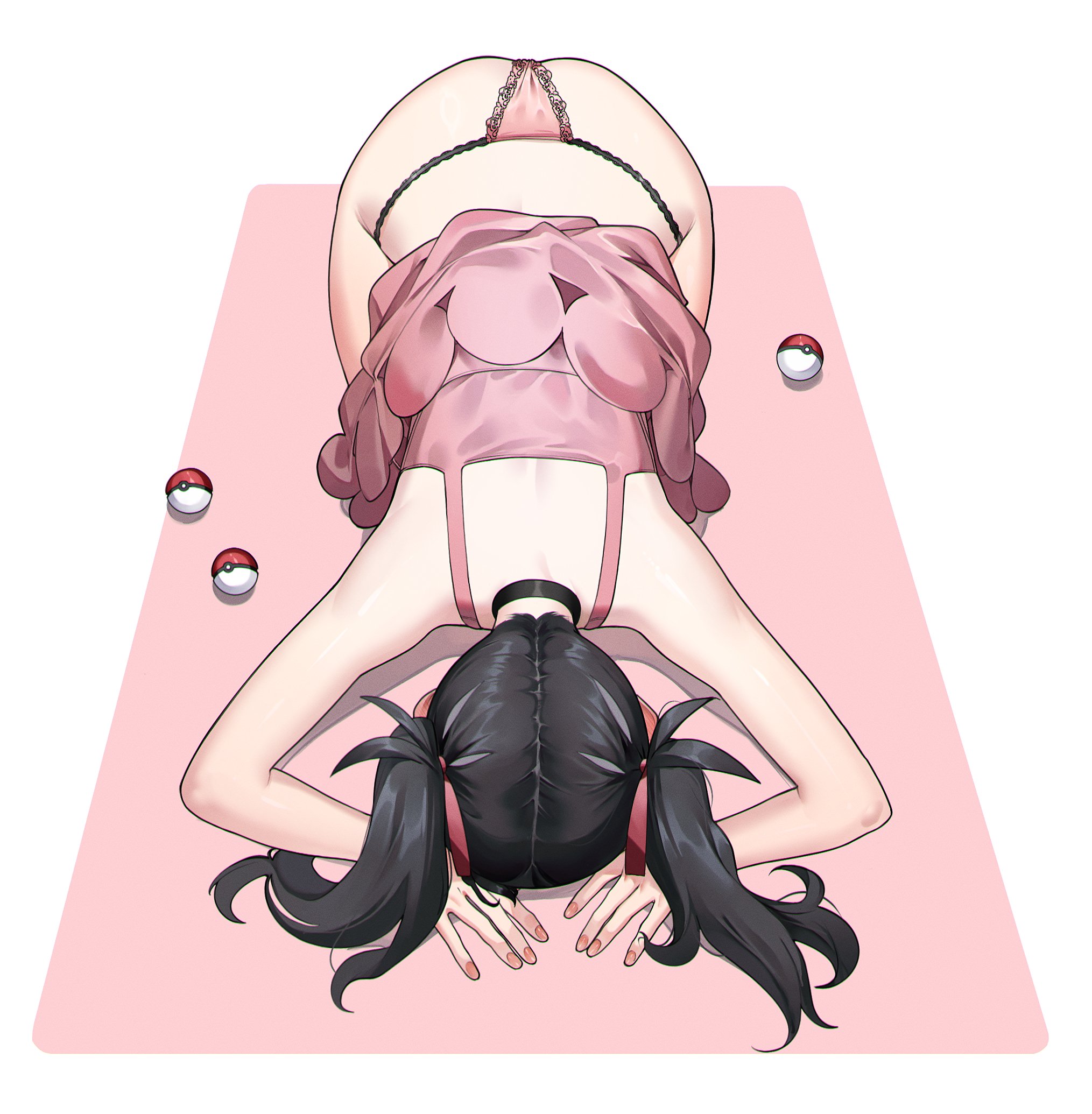 ass, bare shoulders, black choker, black hair, choker, clothes lift, dogeza, dress, dress lift, eredhen, female, female only, fingernails, full body, hair ribbon, highres, lace, lace trim, lace-trimmed panties, lingerie, long hair, marnie (pokemon), nintendo, no jacket, panties, parted hair, pink dress, pink nails, pink panties, pink ribbon, pokemon, pokemon ss, ribbon, simple background, sleeveless, sleeveless dress, solo, thong, twintails, two-tone background, underwear, white background