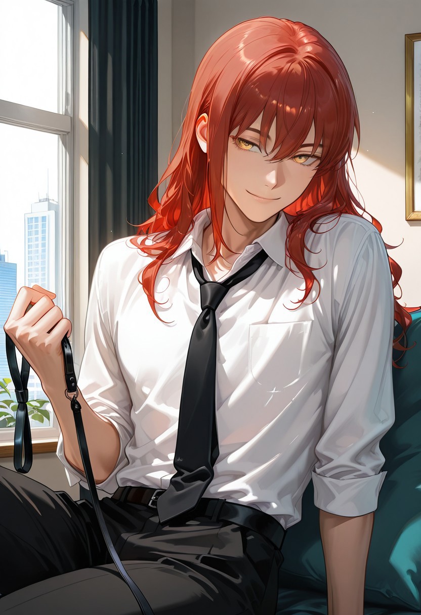 1boy ai_generated black_necktie black_pants chainsaw_man curtains genderswap genderswap_(ftm) holding_leash leash long_hair makima_(chainsaw_man) potted_plant red_hair rolled_up_sleeves rule_63 seductive_smile sitting smiley_face solo white_shirt yellow_eyes