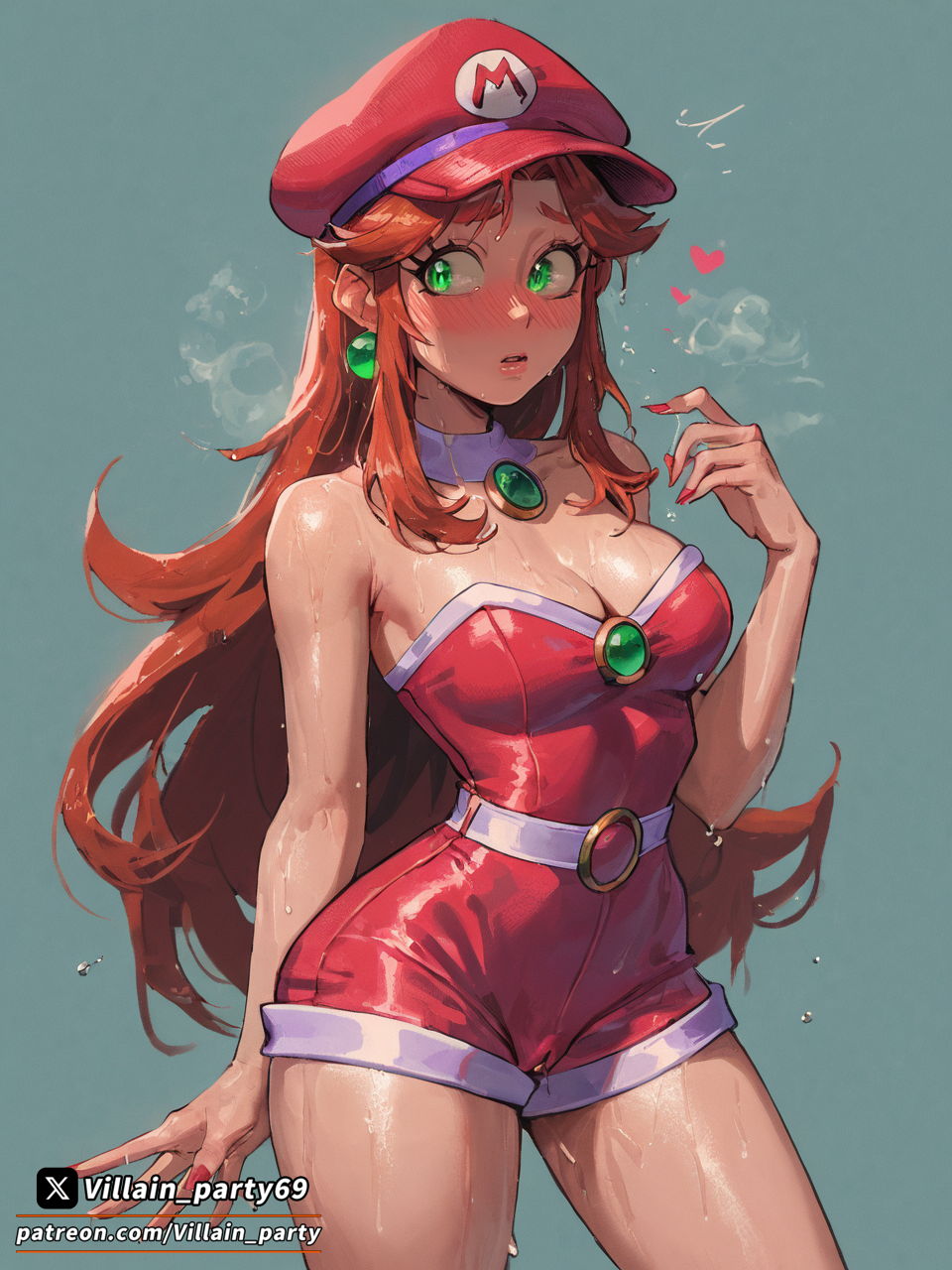 1girls ai_generated bare_shoulders blush cleavage cosplay green_eyes hat long_hair red_hair red_shorts shorts starfire strapless villain_party69 wet