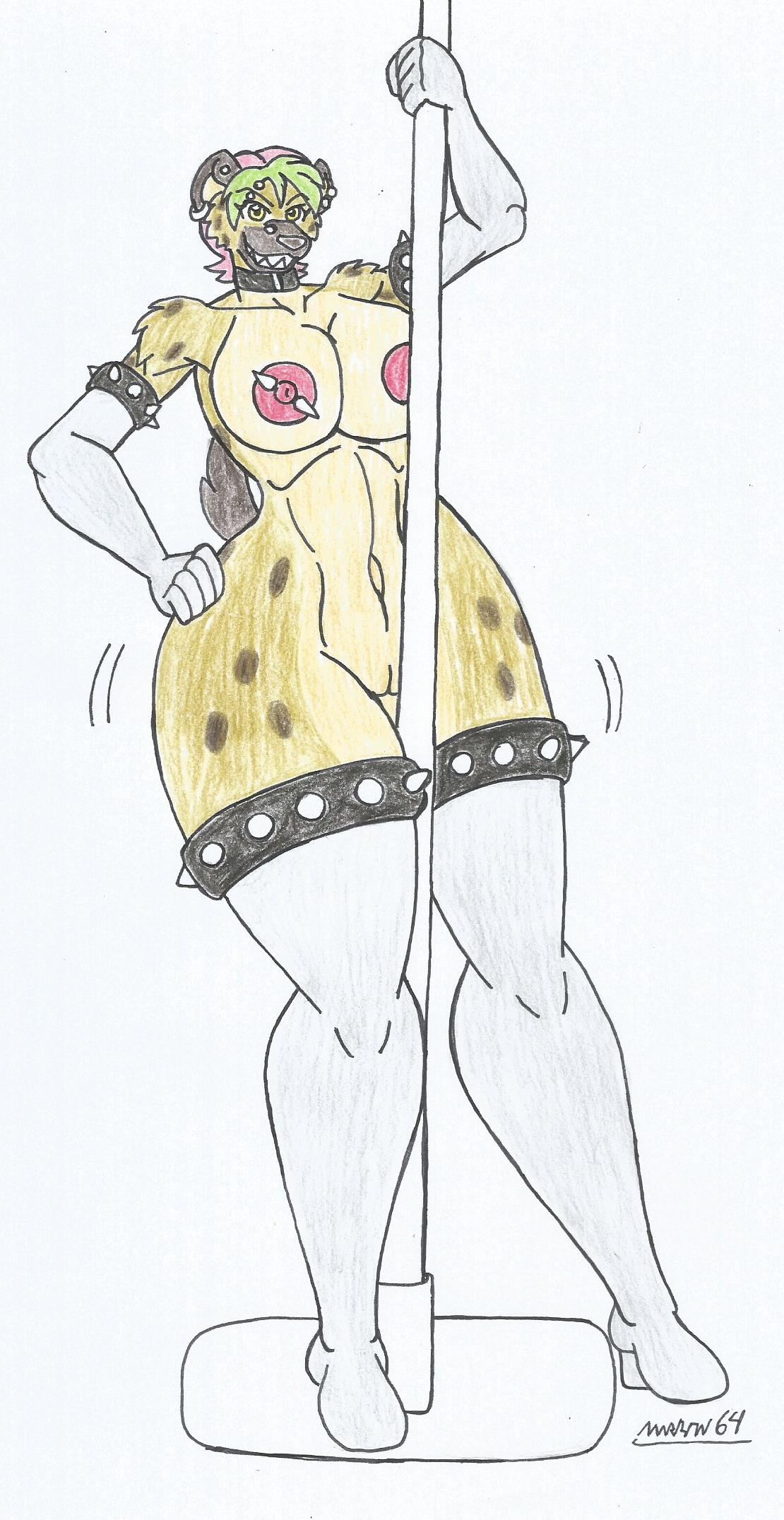 anthro beige_fur big_breasts big_hips brown_fur d_poerra_(waifuland) ear_piercing eyebrow_piercing furry green_hair high_heel_boots highlights_(coloring) hyena_girl long_boots long_gloves looking_at_viewer marlon64 naked_boots naked_female naked_gloves nipple_piercing nose_piercing pink_hair pole_between_legs pole_dance pole_dancing sharp_teeth short_hair smiling_at_viewer solo_female traditional_drawing_(artwork) waifuland white_background