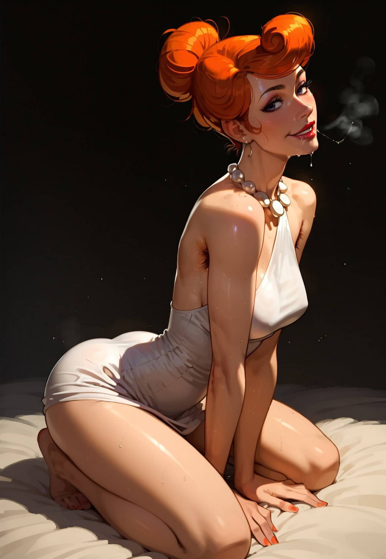 ai_generated armpit_hair blue_eyes female female_focus female_only ginger ginger_hair hairy hanna-barbera light-skinned_female light_skin looking_at_viewer mature mature_female milf on_knees posing red_hair simple_background solo solo_female solo_focus the_flintstones waifu4u2 wilma_flintstone