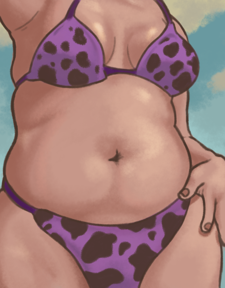 bikini chubby chubby_female cow_girl cow_print husband_and_wife jotkeik_(salchipapaasada) oiled original salchipapaasada selene_(salchipapaasada) sky tan_skin