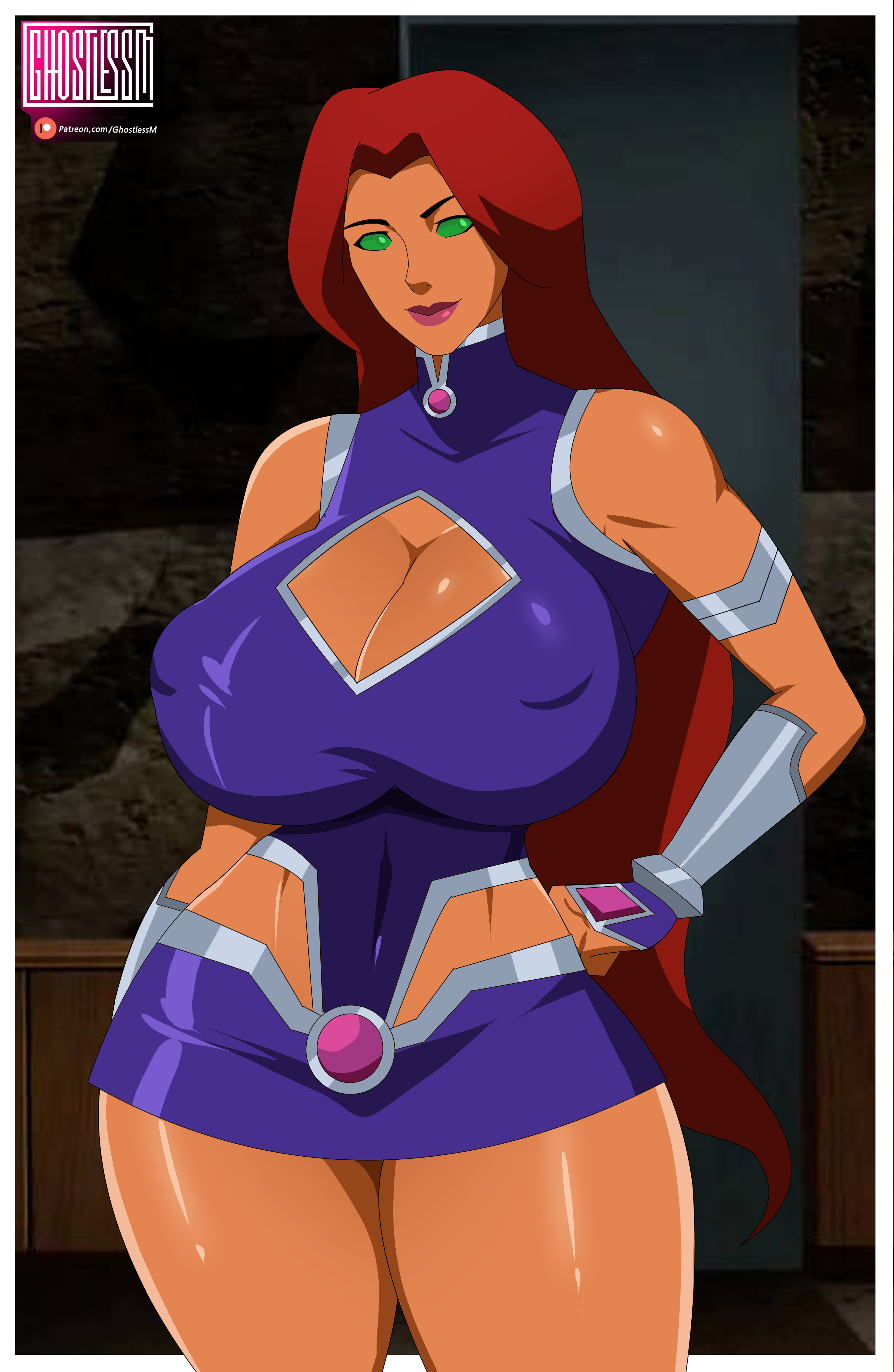 1girls, 2025, accurate art style, alien, alien girl, alien humanoid, armwear, artist name, ass, big ass, big breasts, boob window, bracelet, breasts, cleavage, dc, dc comics, dcamu, deviantart, deviantart link, female, ghostlessm, green eyes, hand on hip, huge breasts, justice league vs teen titans, koriand'r, large breasts, microskirt, nipple bulge, no ai, orange body, orange-skinned female, patreon logo, patreon url, patreon username, purple clothing, red hair, sleeveless, solo, starfire, starfire (dcamu), superheroine, teen titans, teen titans: the judas contract, thick thighs, warner brothers, wide hips, younger female