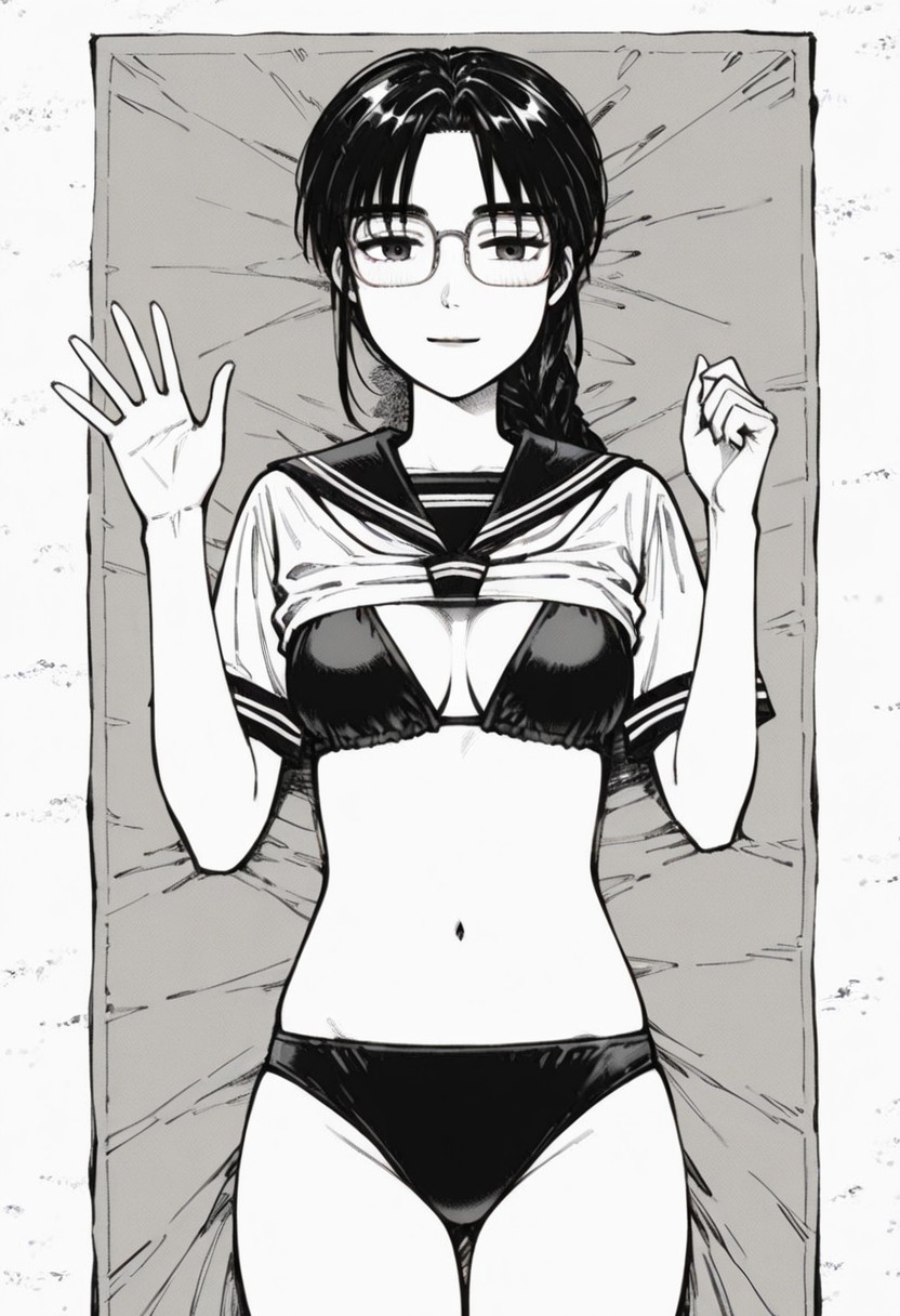 ai_generated beach_background beach_blanket best_quality black_bikini black_bikini_top cowboy_shot female glasses initial_d light_smile looking_at_viewer manga manga_style masterpiece monochrome on_back serafuku shiraishi waving