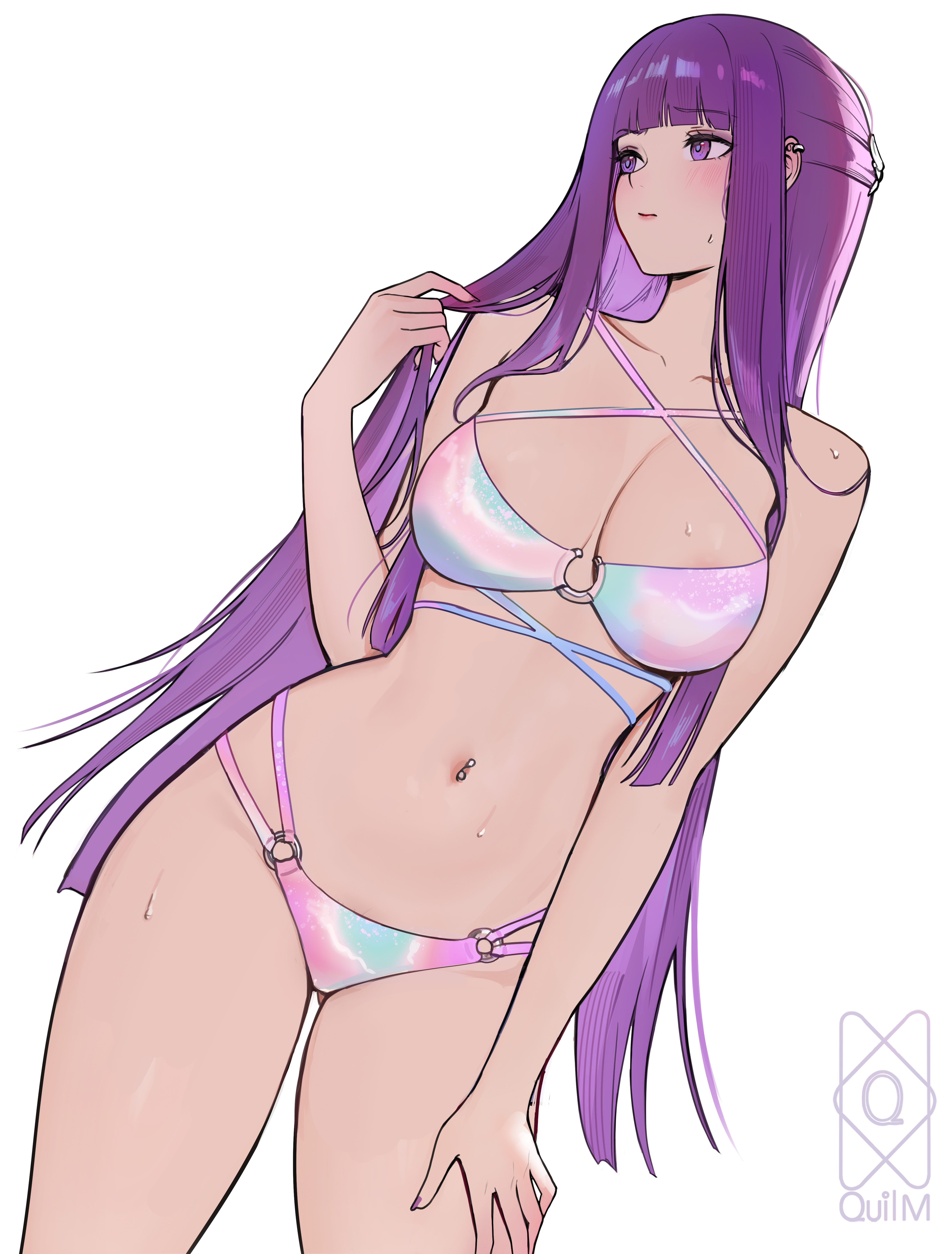belly button, big breasts, bikini, bikini bottom, bikini top, breasts, female, fern (sousou no frieren), frieren beyond journey's end, looking away, purple eyes, purple hair, quilm, sousou no frieren, thick thighs