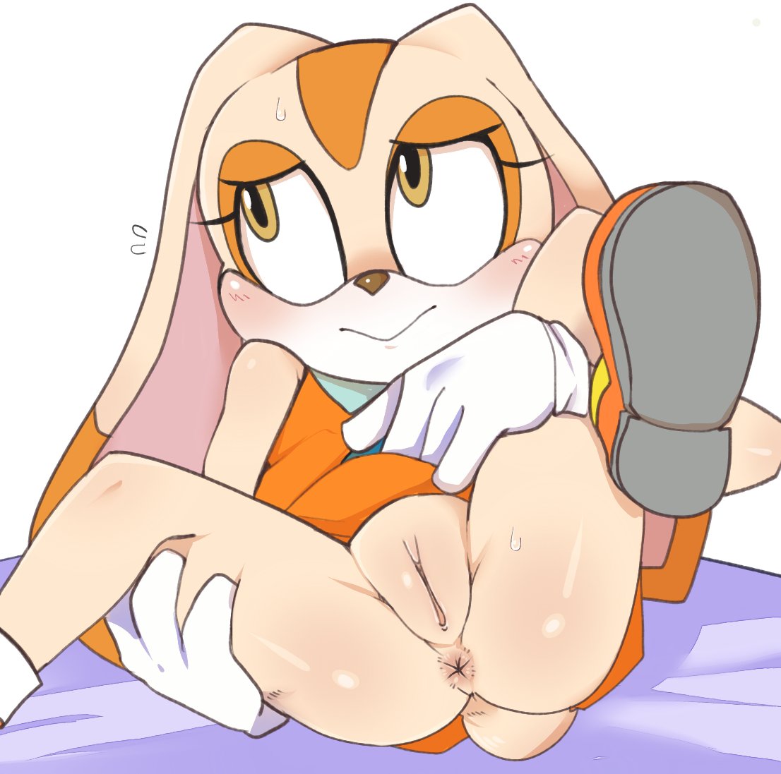 2018 4_fingers amber_eyes anthro anus blush clothing cream_the_rabbit cub dress female gloves hua hua113 lagomorph legs_up looking_aside lying mammal on_back presenting pussy rabbit raised_skirt simple_background solo sonic_(series) spread_legs spreading sweat white_background young