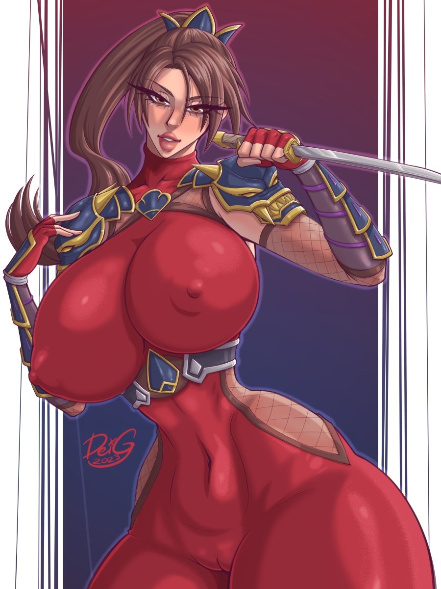 1girls big_breasts breasts brown_hair cameltoe deigart female huge_breasts massive_breasts nipple_bulge nipple_outline skin_tight solo soul_calibur taki