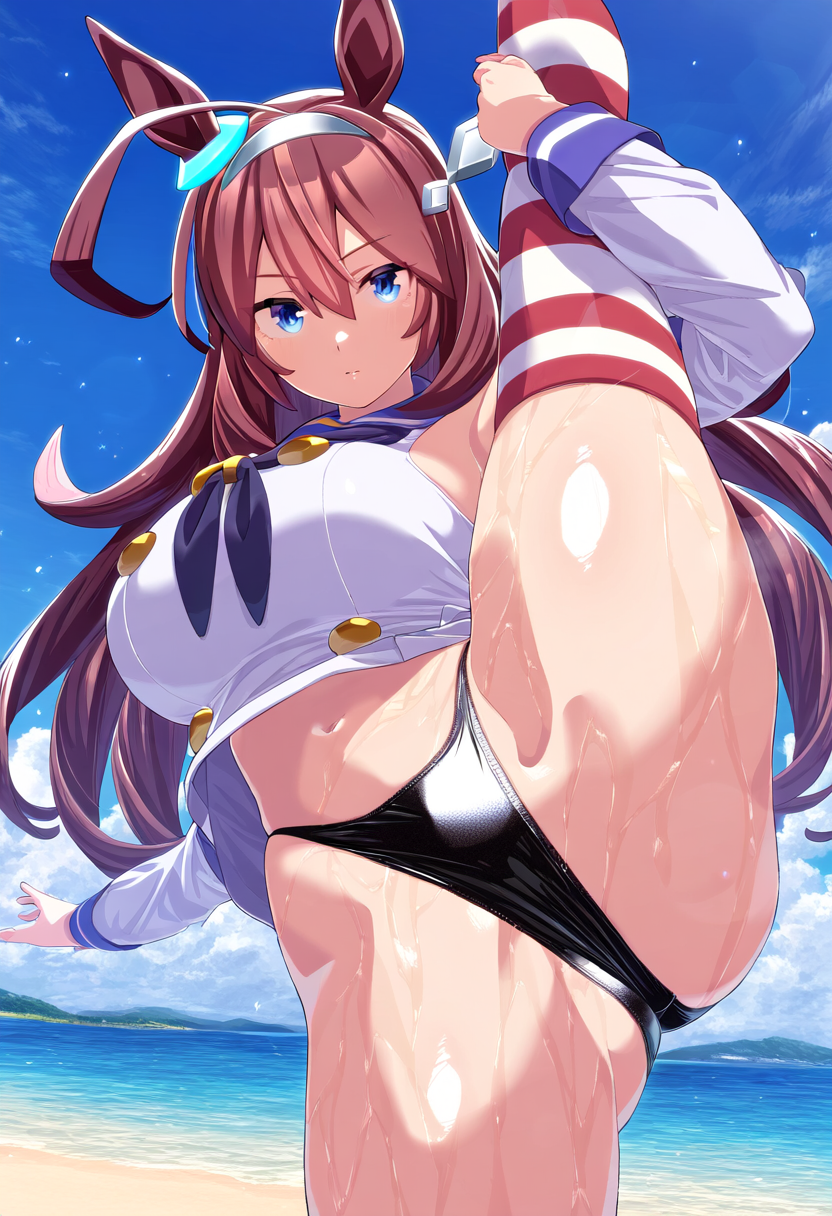 ai_generated animal_ears beach blue_eyes breasts female hairband horse_girl long_hair mihono_bourbon_(umamusume) reddish_hair spread_legs umamusume umamusume_pretty_derby